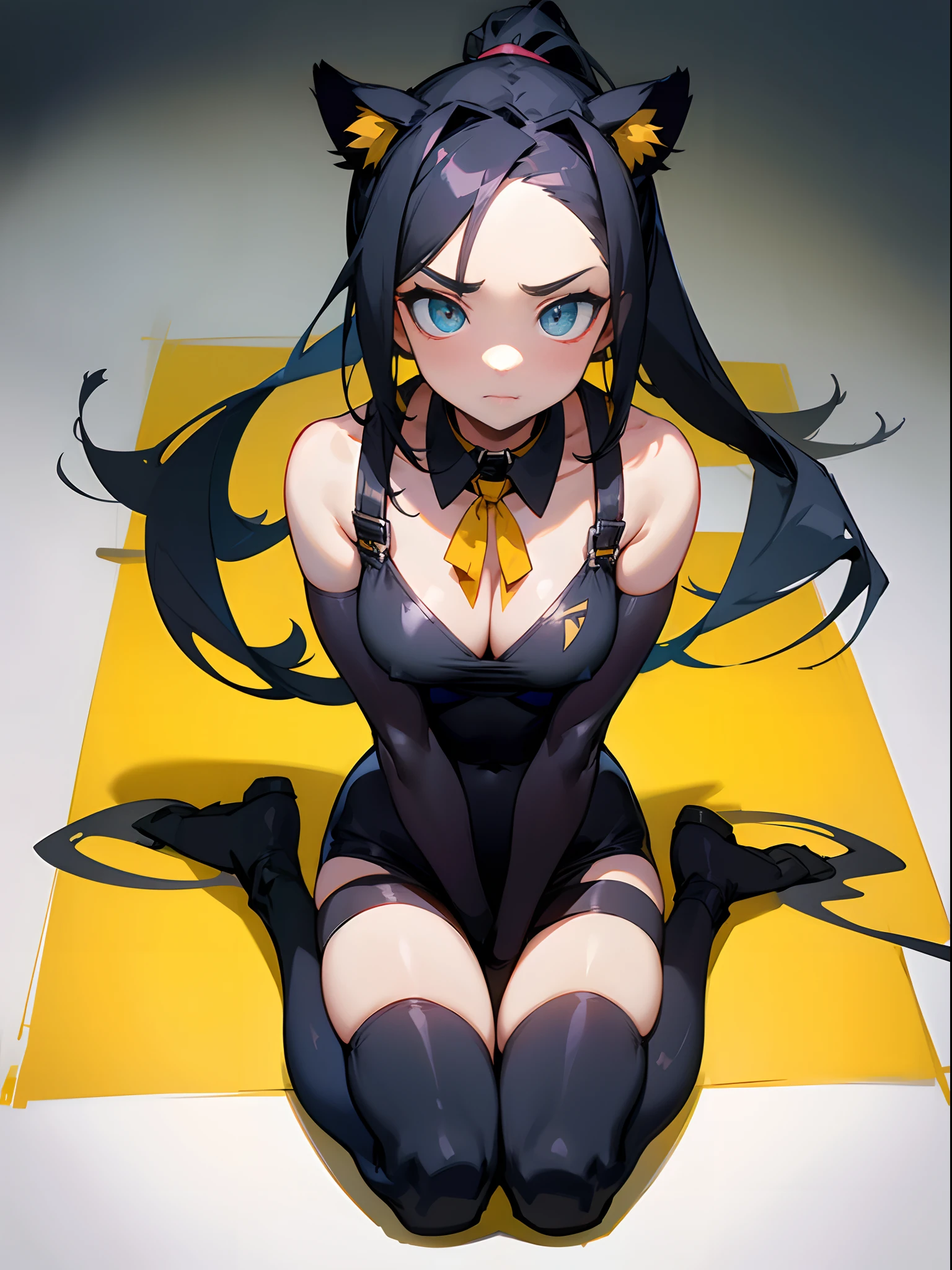 1 girl,Long hair and double ponytail,Wear a tight-fitting black gel suit,huge tit,Frontal photo,Little tiger tooth,Put a pet collar around your neck and be led on a rope,Kneel on the ground with your legs,His hands were also on the ground and he looked up at me