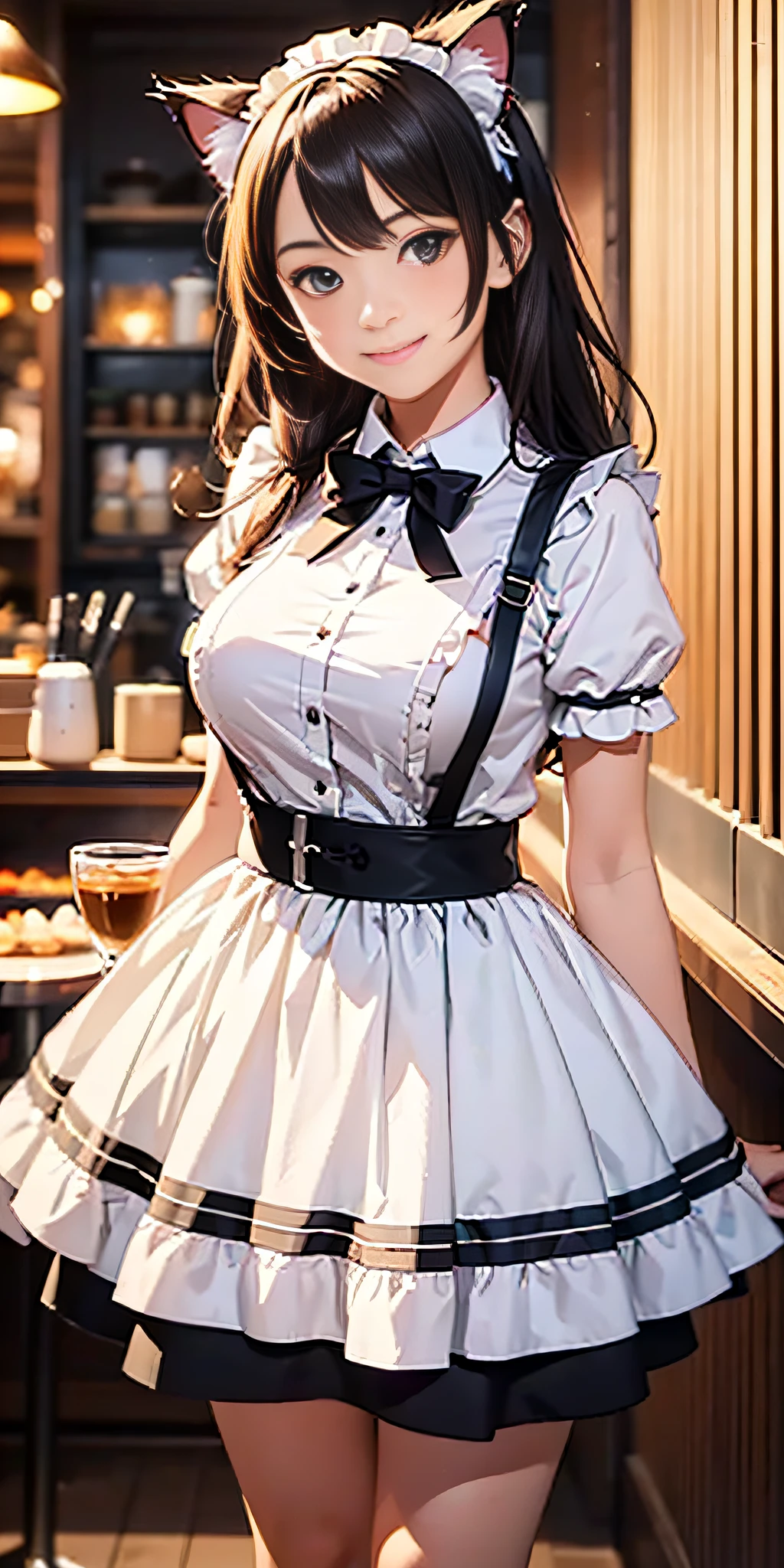 Best quality, masterpiece, HD digital photo of a Teen girl, professional realistic animation style, a cat-eared girl in English short maid outfit, upper body, standing back smiling looking at the camera, Cafe Background, soft lighting, warm colors, (((medium breast))), intricate details