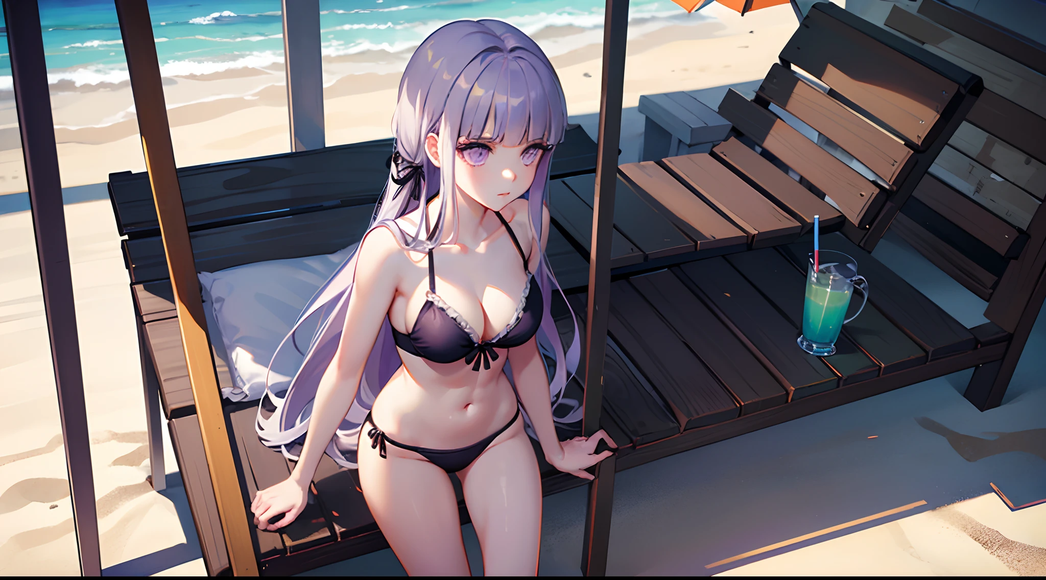 1girl, aakyoko, long hair, purple hair, purple eyes, side braid, blunt bangs, hair ribbon, black ribbon, collarbone, cleavage, navel, standing umbrella, (black bikini), danganronpa \(series\), (lying on beach chair), drinking cocktail, (tropical beach background), sunlight, full body
