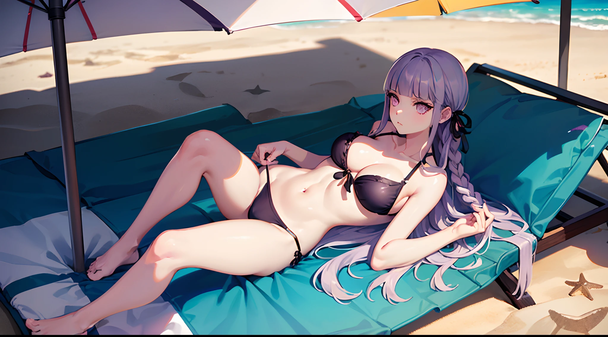 1girl, aakyoko, long hair, purple hair, purple eyes, side braid, blunt bangs, hair ribbon, black ribbon, collarbone, cleavage, navel, standing umbrella, (black bikini), danganronpa \(series\), (lying on beach chair), drinking cocktail, (tropical beach background), sunlight, full body