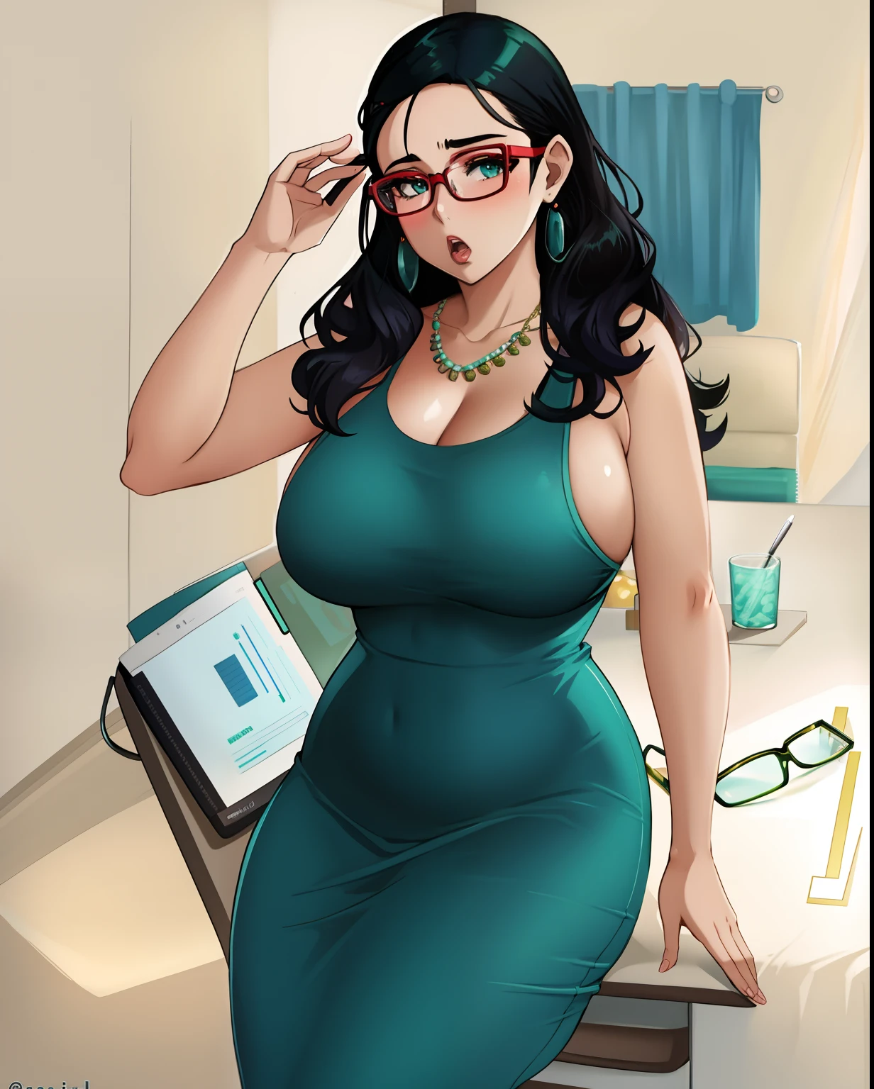 araffe woman in a teal dress and glasses posing for a picture, thick glasses, tight dress, with glasses, sexy dress, with glasses on, gorgeous female, big glasses, thicc, nerdy appearance, seductively looking in front, better known as shiftymine, skintight dress, nerdy, in a dress, wearing tight simple clothes, boob spillage, Italian woman