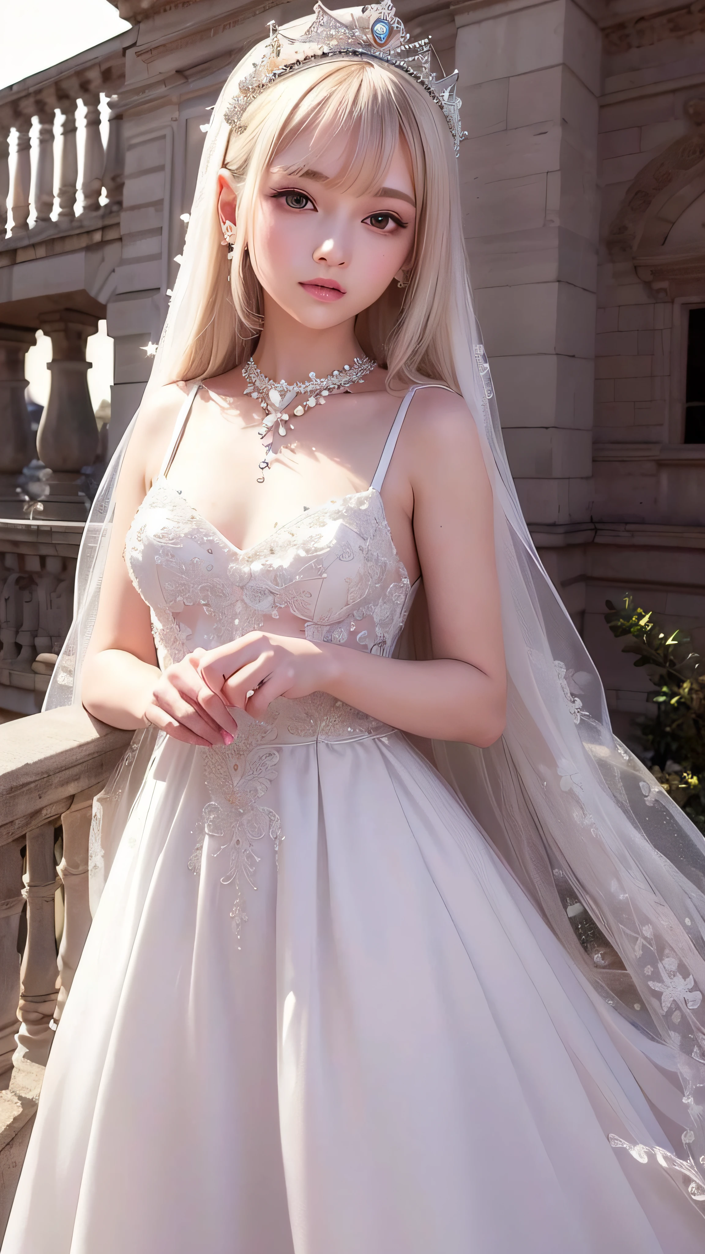 4K ulta hd, masterpiece, 1 girl, good face, very long hair, hair ornament, light makeup, detailed eyes, small round breast, ultra detailed clothes, (white princess dress:1.5), lace:1.5, (shining dress:1.8), strap dress, necklace, jewellery, amazing balcony background,