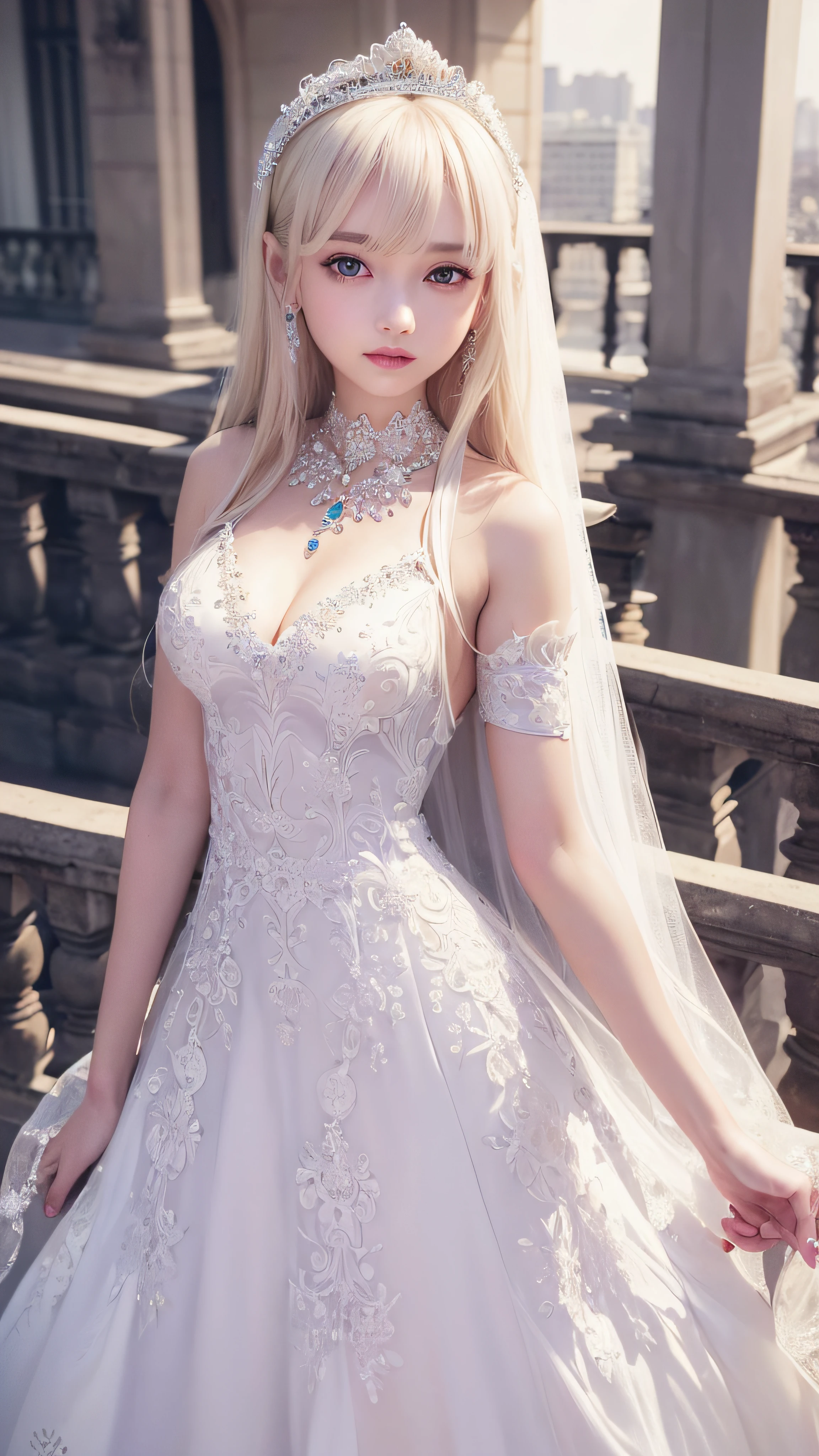 4K ulta hd, masterpiece, 1 girl, good face, very long hair, hair ornament, light makeup, detailed eyes, small round breast, ultra detailed clothes,  (white princess dress:1.5), lace:1.5, (shining dress:1.8), strap dress, necklace, jewellery, amazing balcony background,
