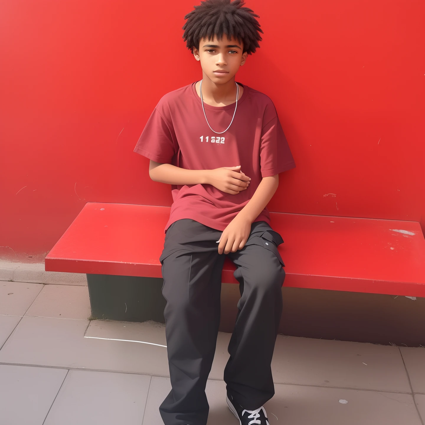 Menino arafed sentado em um banco em frente a uma parede vermelha, tiradas em 2022, adolescente negro, taken in the early 2020s, 14 yo menino berbere, tommy 1 6 anos de idade, meados de 9 0 s, tomada em 2 0 2 0, 13 anos, Riyahd Cassiem