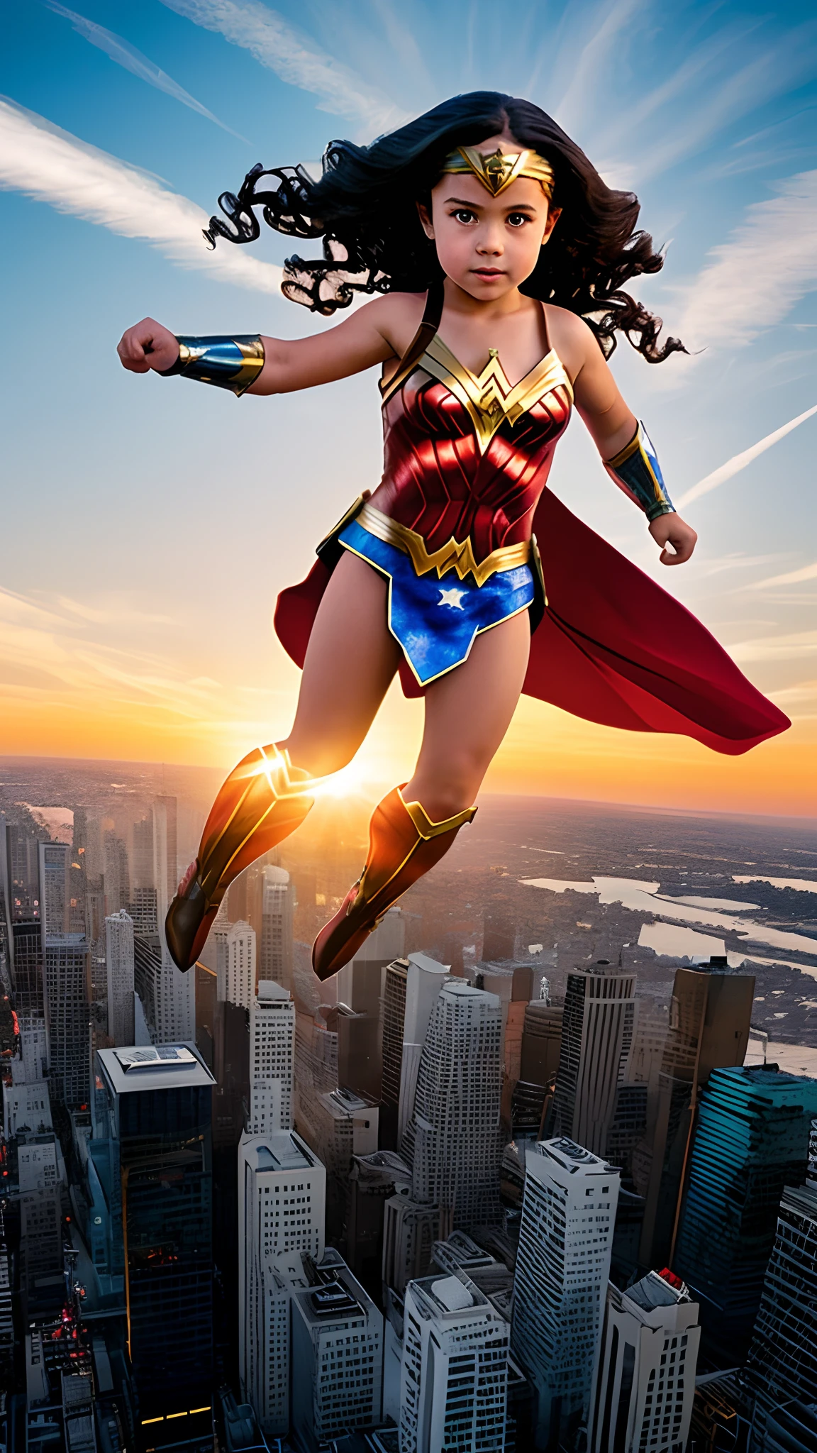 A very realistic image of a beautiful 5 year old girl wearing the Wonder Woman costume, she is flying over a city at sunset