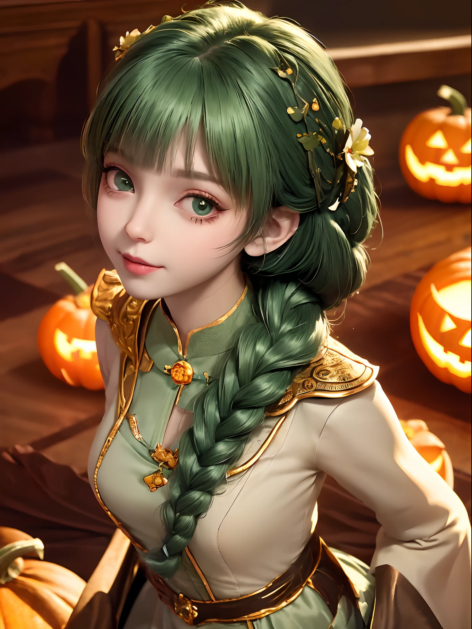 , up do hair- green, no makeup, beautiful white skin, real human green cute eyes, cute face,Among the glowing hues of twilight,,Halloween, costume, girl,a pumpkin, full body