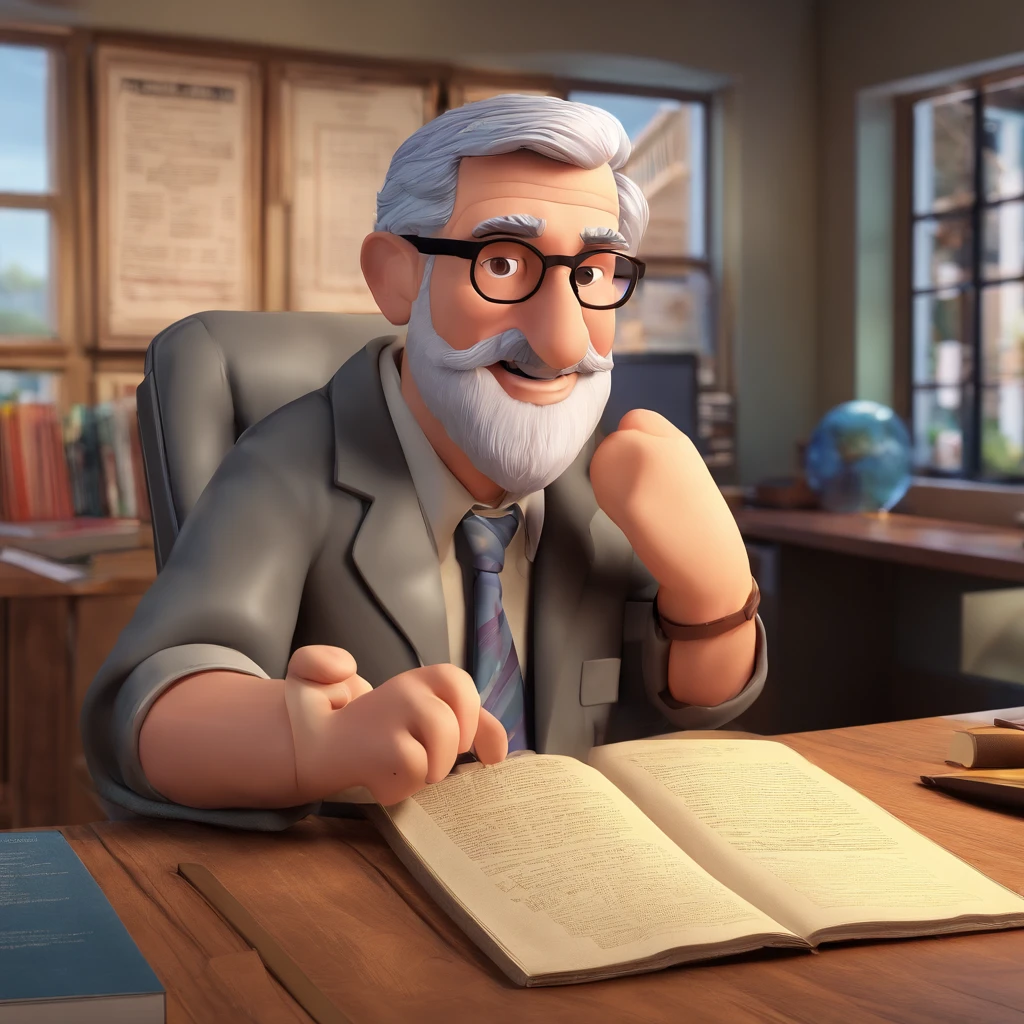 Crie um cartaz inspirado na Disney Pixar com o personagem sendo o pastor Rubens Janier, A gray-haired man wearing glasses, in an office with a Bible on the table