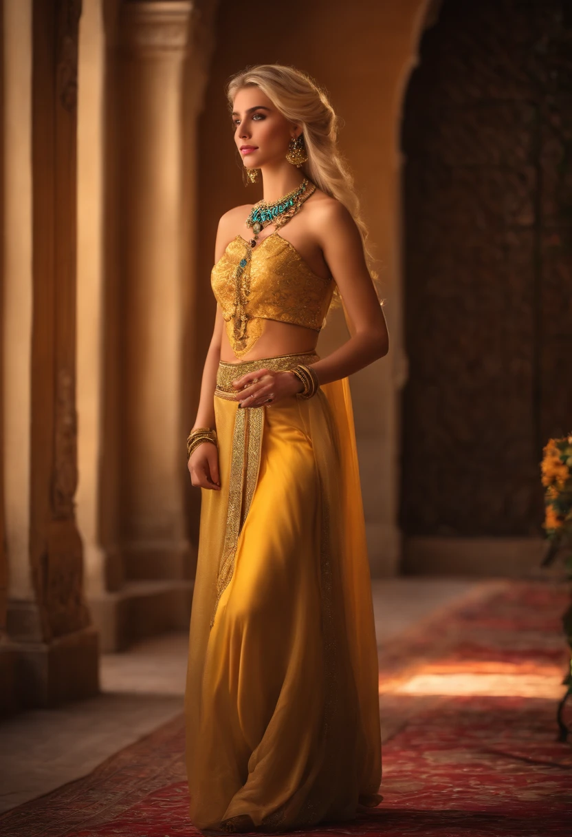 a beautiful young blonde woman dressed like jasmin from aladin, photorealistic, full body showing