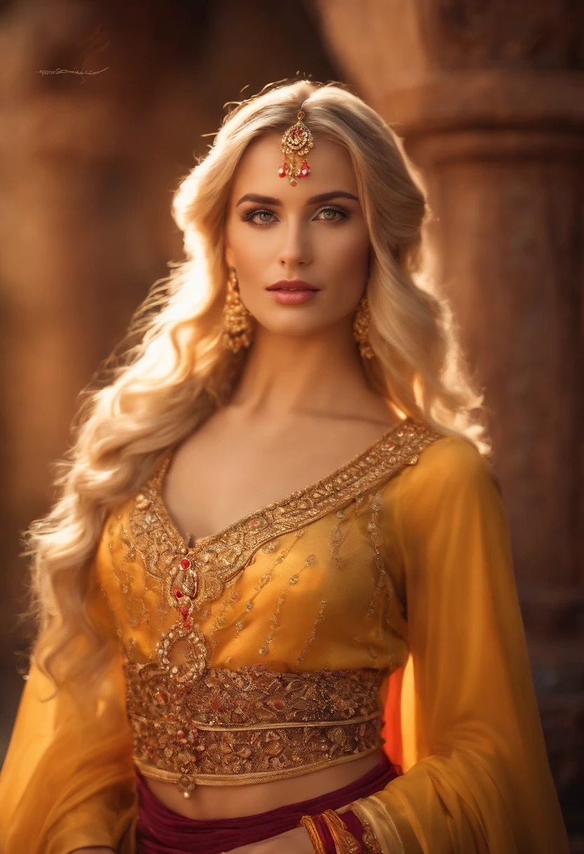 a beautiful young blonde woman dressed like jasmin from aladin, photorealistic, full body showing