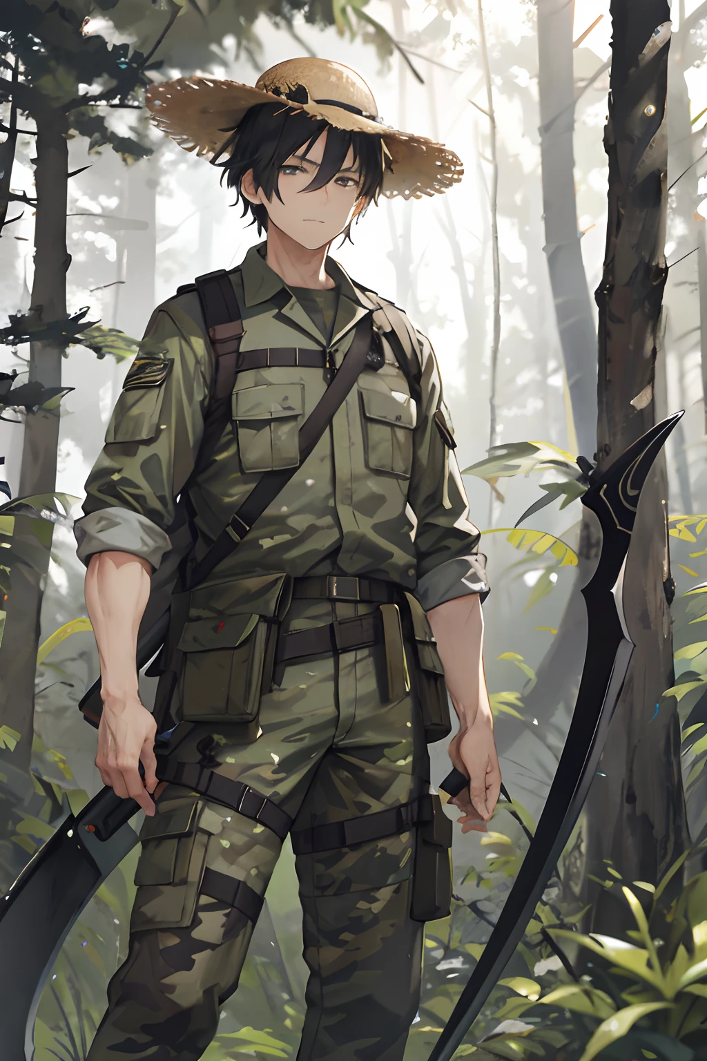 Middle-aged male in camouflage uniform with a scythe around his waist standing in the woods and a straw hat on his head
