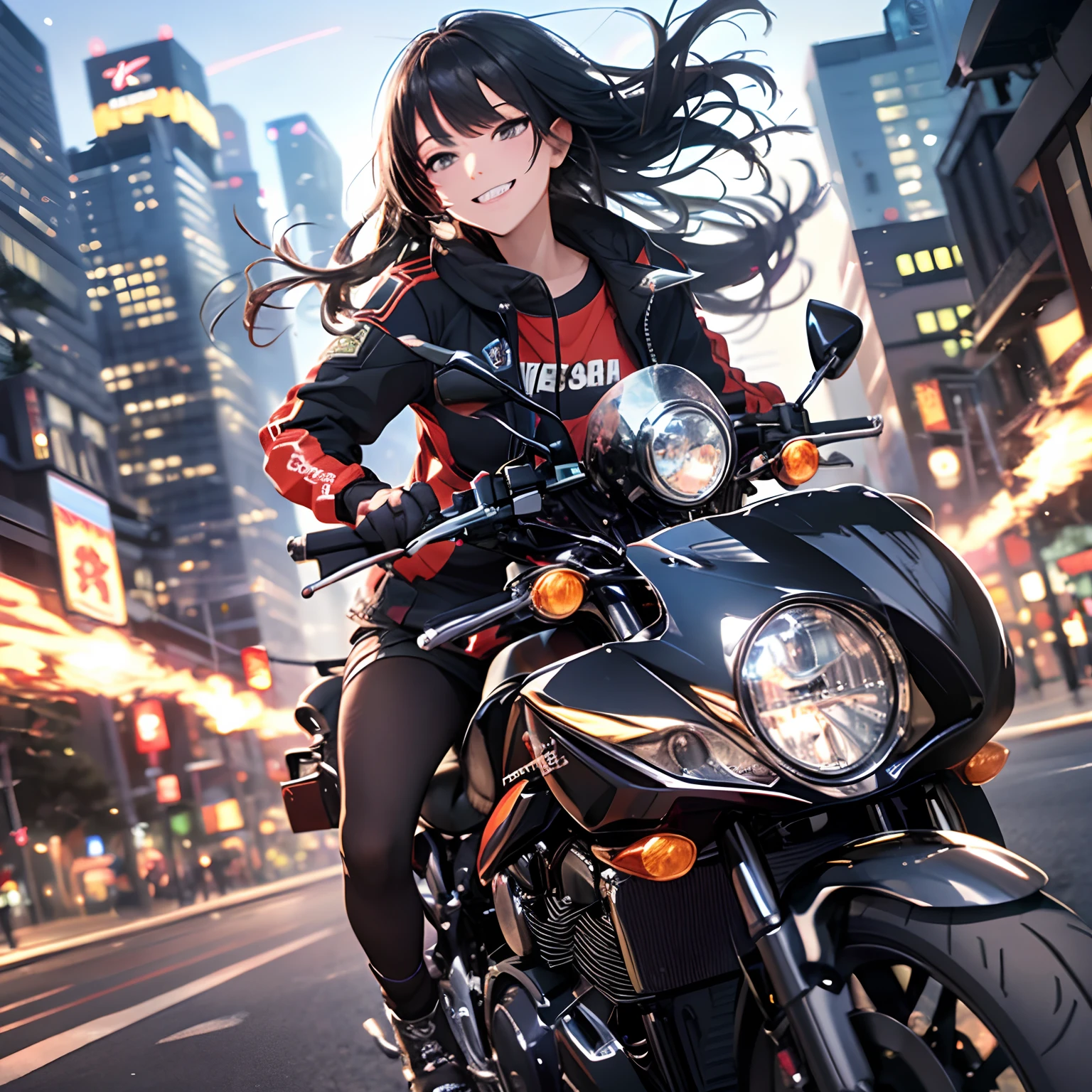 Top Quality, 8K, High Resolution, Masterpiece, (Portrait: 0.6), A Kawasaki motorcycle the city at high speed,(slow motion:1.3),(Motion blur:1.3),(speed lines:1.4),sense of speed,1demon woman,Sparks and smoke coming out of tires, black hair, medium hair, (evil grin: 1.3), (viewers: 1.3), (bokeh), age 18
