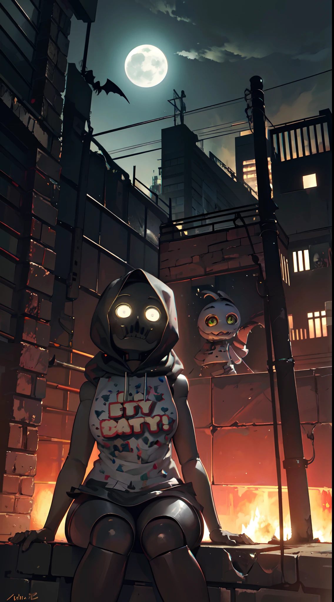 (best quality,4k,8k,highres,masterpiece:1.2),ultra-detailed,(realistic,photorealistic,photo-realistic:1.37),Chica from Five Nights at Freddy's, long black cloak, hood covering her head, cleavage, legs, sitting on a building, mysterious atmosphere, eerie atmosphere, dim lighting, haunted, abandoned building, cracked windows, overgrown vines, wisps of fog, moonlight casting shadows, glowing yellow eyes, cautionary sign, "No Entry", creepy dolls scattered on the ground, rusty pipes, peeling paint, mysterious noises, worn-out bricks, rooftop view, city skyline in the background, silhouettes of other animatronics lurking, haunting presence, chilling wind, bats flying overhead, full moon, deserted streets, an air of suspense, spine-chilling ambiance, foreboding presence, close-up