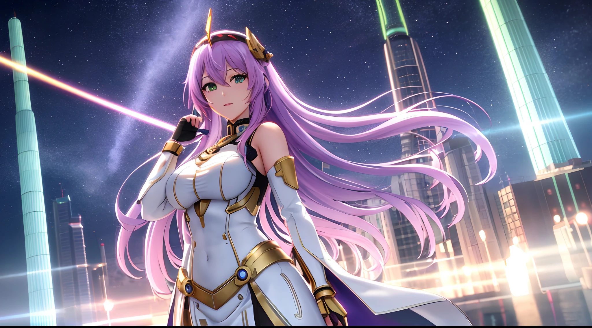Athena with plain long light purple hair,hair between eyes,green eyes,rosy cheeks,full lips,thin eyebrows,slender body,wearing cybernetic golden armor and full long skirt,cute anime girl,full body,golden futuristic city streets in background,anime style,extremely deep depth of field,Lumen Reflections,Screen Space Reflections,Diffraction Grading,Chromatic Aberration,GB Displacement,Scan Lines,Ray Traced,Anti-Aliasing,FXAA,TXAA,RTX,SSAO,Shaders,OpenGL-Shaders, GLSL-Shaders,Post Processing,Post-Production,cell Shading,Tone Mapping,CGI,VFX,SFX,insanely detailed and intricate, 4K,standing, solo, masterpiece, best quality, detailed face, detailed eyes, highres, standing, solo,masterpiece, best quality