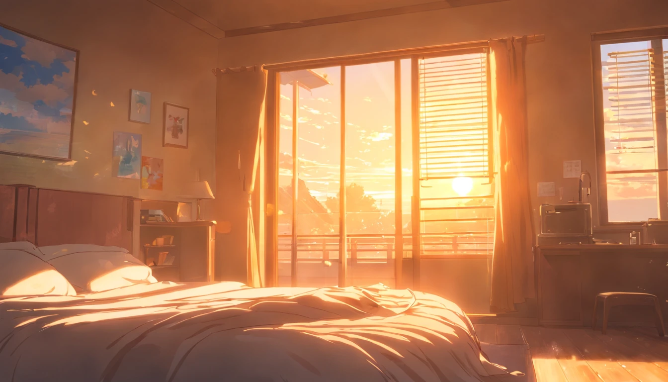 a close-up shot of sunlight peeking through the blinds, casting a warm glow over a messy bedroom, Low angle looking up at the window, capturing the golden light seeping through