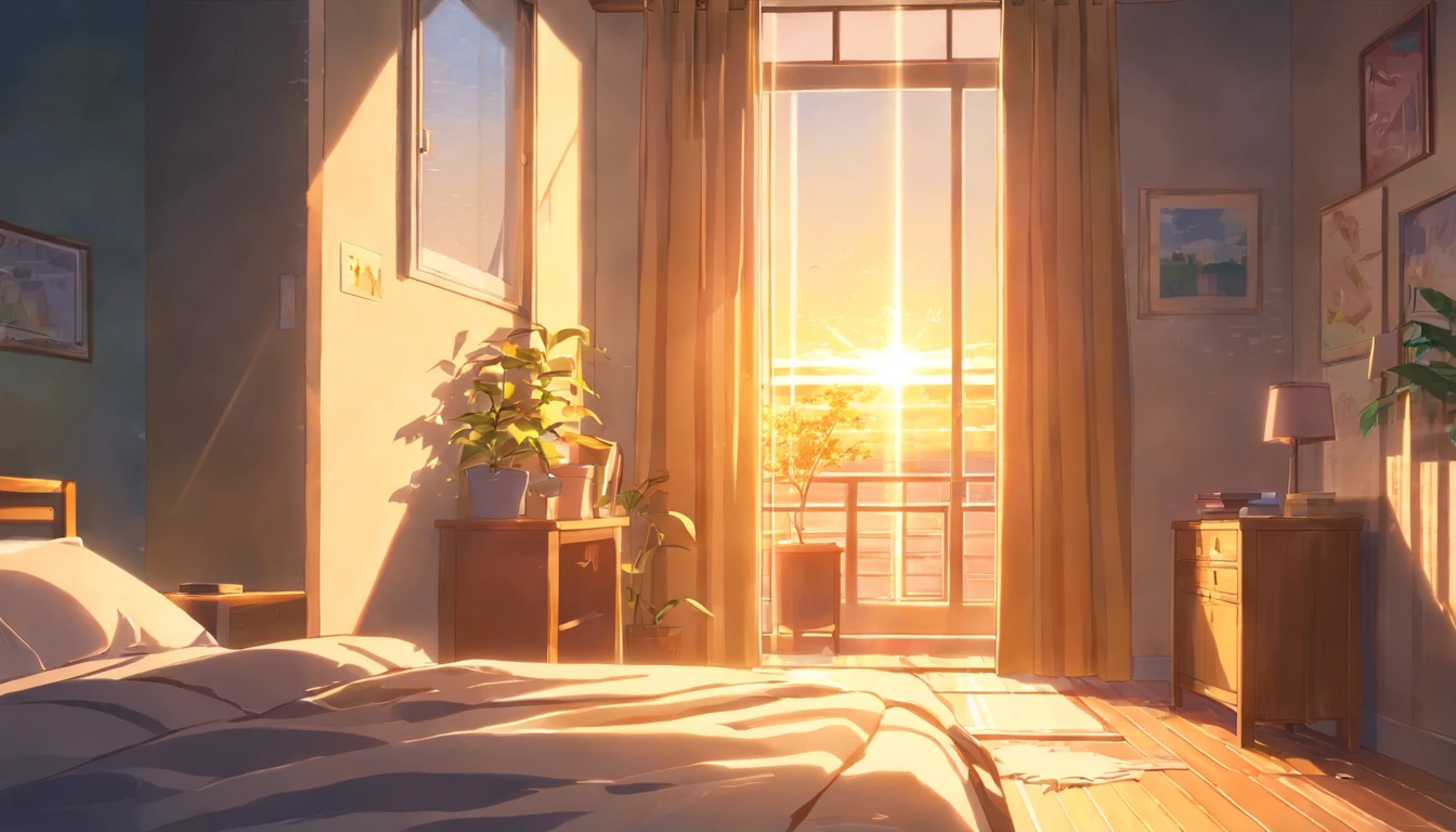 a close-up shot of sunlight peeking through the blinds, casting a warm glow over a messy bedroom, Low angle looking up at the window, capturing the golden light seeping through
