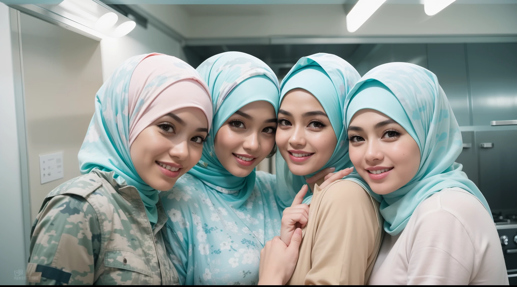 4 beautiful malay girl in pastel color hijab taking picture in modern kitchen, wear blue camouflage military uniform, friendly and laughing situation, laughing, happy, modern pastel color kitchen, detailed skin texture, soft lighting, pastel color theme, high quality, movie shot framing, ultra detail, 8k, style raw, pastel color grading, Super 8mm lense, Extreme close-up, Deep Focus cinematography effect,