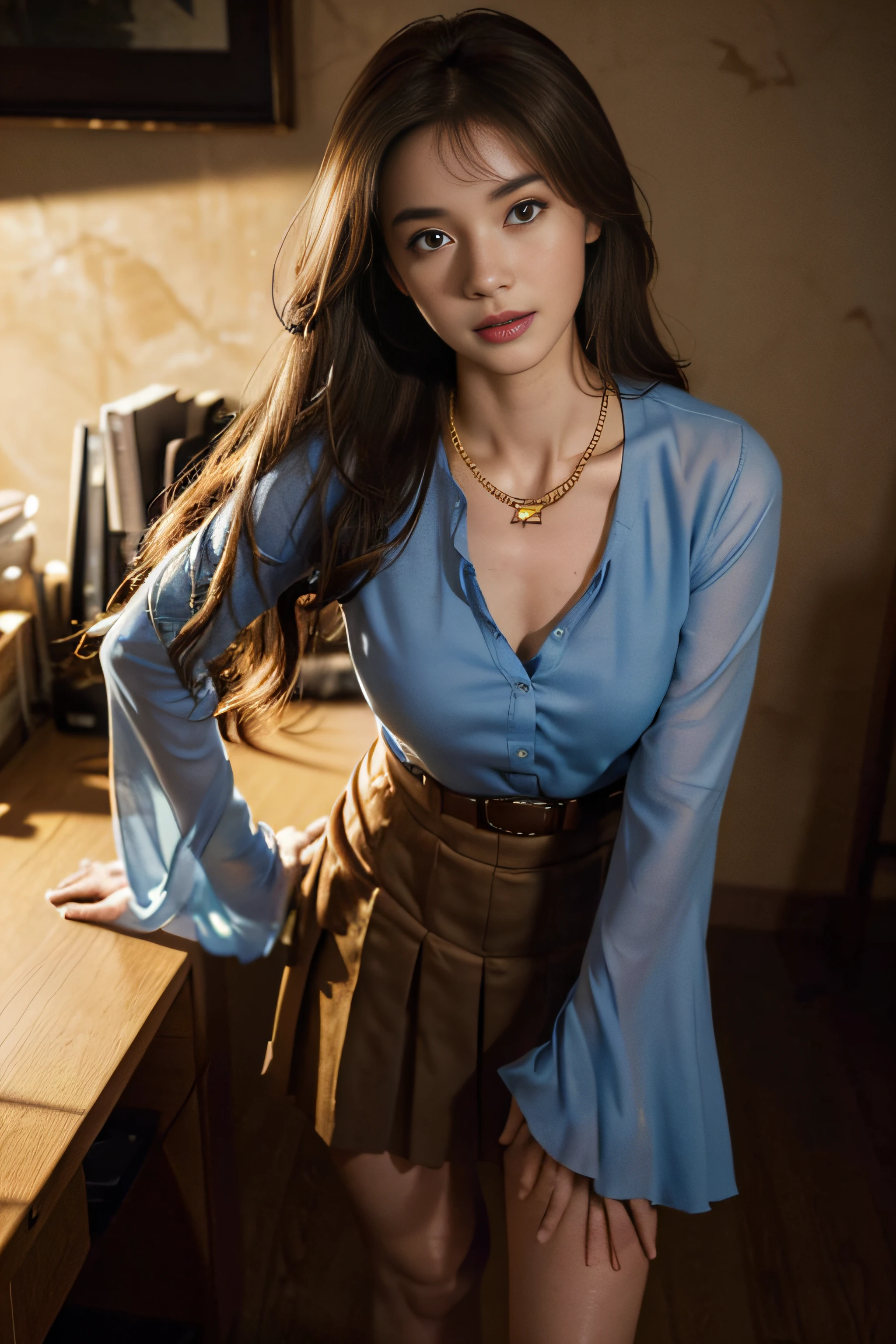 ((beautiful a girl:1.3))((Blue shirt dress:1.4))((White belt))((pantyshot:1.3))((In the secretary's office of the company:1.2)),((The hem of the skirt is a pleated skirt:1.3)),((See-through sleeves:1.2)),(((Brown-colored super long hair:1.2))),((Hair falls on the nipples)),((Thin_fabric:1.4)) ((Random sexy poses:1.3)) ((is standing)),((full of sweat:1.5))((with a flushed face:1.4)) ((Medium chest same:1.4)) ((close-up:1.2)) Best Quality,masutepiece,超A high resolution,(Photorealistic:1.4),Raw photo,(Authentic skin texture:1.3),(Film grain:1.3),the panorama,Character Portrait,Very Wide Shot,Narrow waist,Cowboy Shot,(In the Dark, deepshadow, lowkey, cold light,) Night,((Gold Necklace)),Streaming Tears,,Dust,Tindall Effect,(expression),1girl in,beautiful detailed eyes and face,White Jabot,Brown eyes,((Brown hair:1.2)) ((Full body:1.3)) ((Smile:1.3))