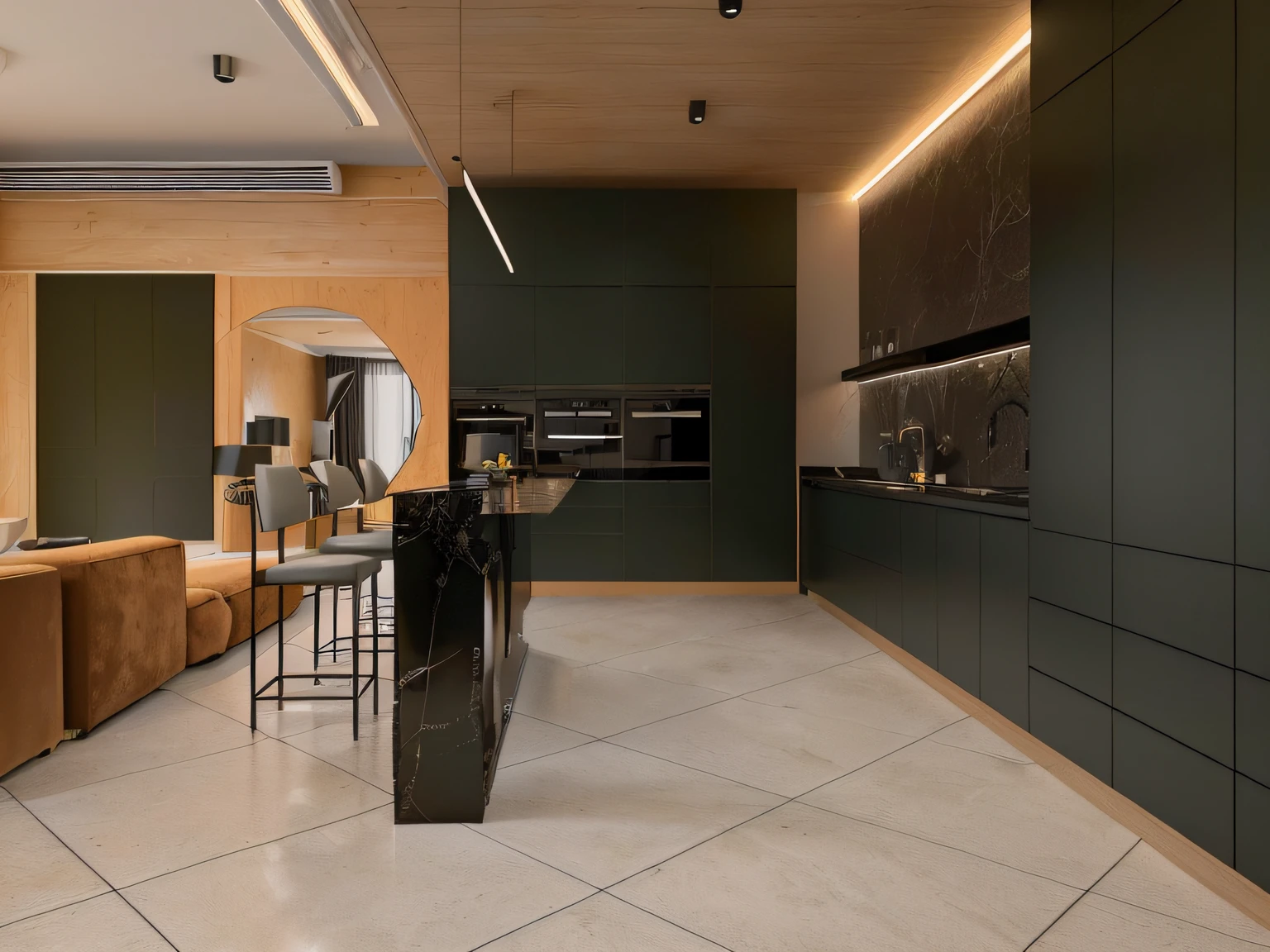 There is a kitchen with bar and sofas。, apartment with black walls, in style of 3d render, Realistic physical rendering, dark and modern, excellent 3d render, realistic 3 d style, very realistic 3 d render, stuning 3 d render, high quality 3 d render, high quality 3d render, minimal kitchen, rendering in Unreal Engine 6