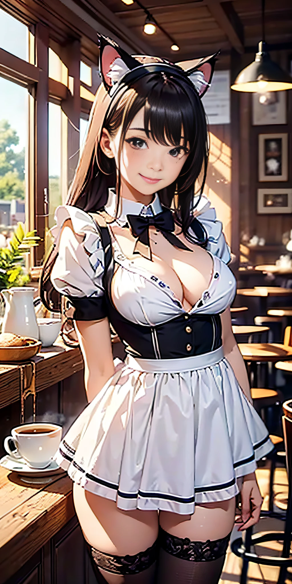 Best quality, masterpiece, HD digital photo of a sexy girl, professional realistic animation style, a cat-eared girl in English very short maid outfit, upper body, standing back smiling looking at the camera, Cafe Background, soft lighting, warm colors, (((medium breast))), intricate details
