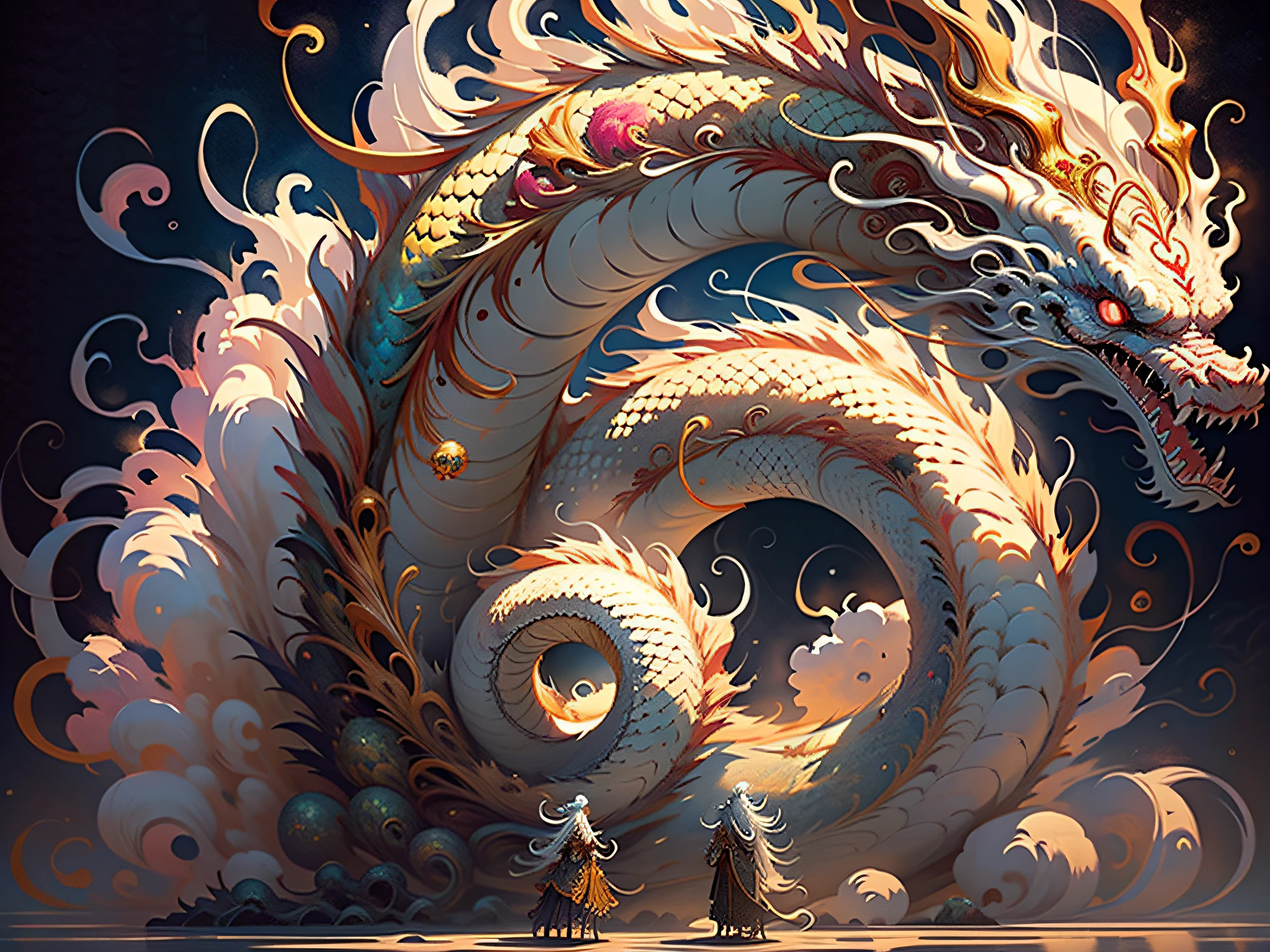 Best quality at best,tmasterpiece,超高分辨率,chinesedragon,(The long:1.2),(Finely:1.2),Long hair,dentes pontiagudos,red eyes,teeth,immensity,The bird,exteriors,standing on your feet,Coiled with hops,hops,clouds,banya,from back,Armour,Skysky,with her mouth open,faceoff,Accumulating power,Ogre,White hair,buliding,vale,(textures true to reality:1.2),(Glowing multicolored scales:1.2),(realistic detail:1.2),hdr,Ultra-detailed 3D modeling,Like Tim Burton、Dale Chihuli、Xiaolongcheng、Cyril Rolando and other writers,Such as small. Giger's style paintings are just as magical。Shadows and lighting are intertwined,Produces brilliant results,With gold as the main body。