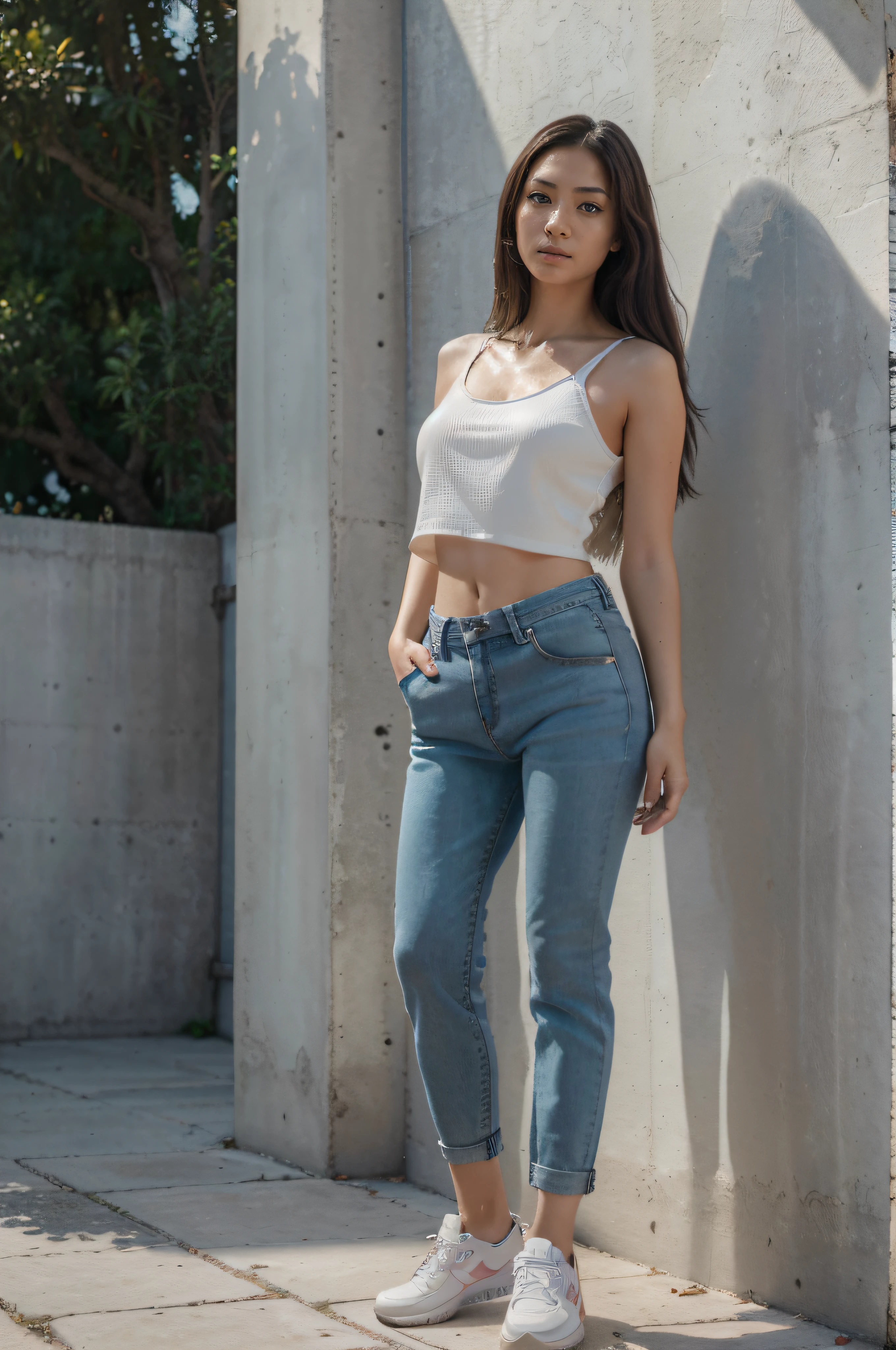 RAW photo:1.2), (photorealistic:1.4),(masterpiece:1.3),(best quality:1.4), dreamlike, (detailed eyes),(detailed facial features), (detailed clothes features, Highly detailed facial and skin texture、8K, asian, female model in profile, (full body), standing, straight photoshoot, straight confident look, serious expression, distinctive model, baggy jeans, white croptop, (short sleave) , sneaker, new balance, dark shoes, super realistic image, detailed image, realistic and detail model, studio photoshoot, background neutral light color, shoot on canon 5D mark IV, iso 200, f/6.3, 1/15s, light from left 5