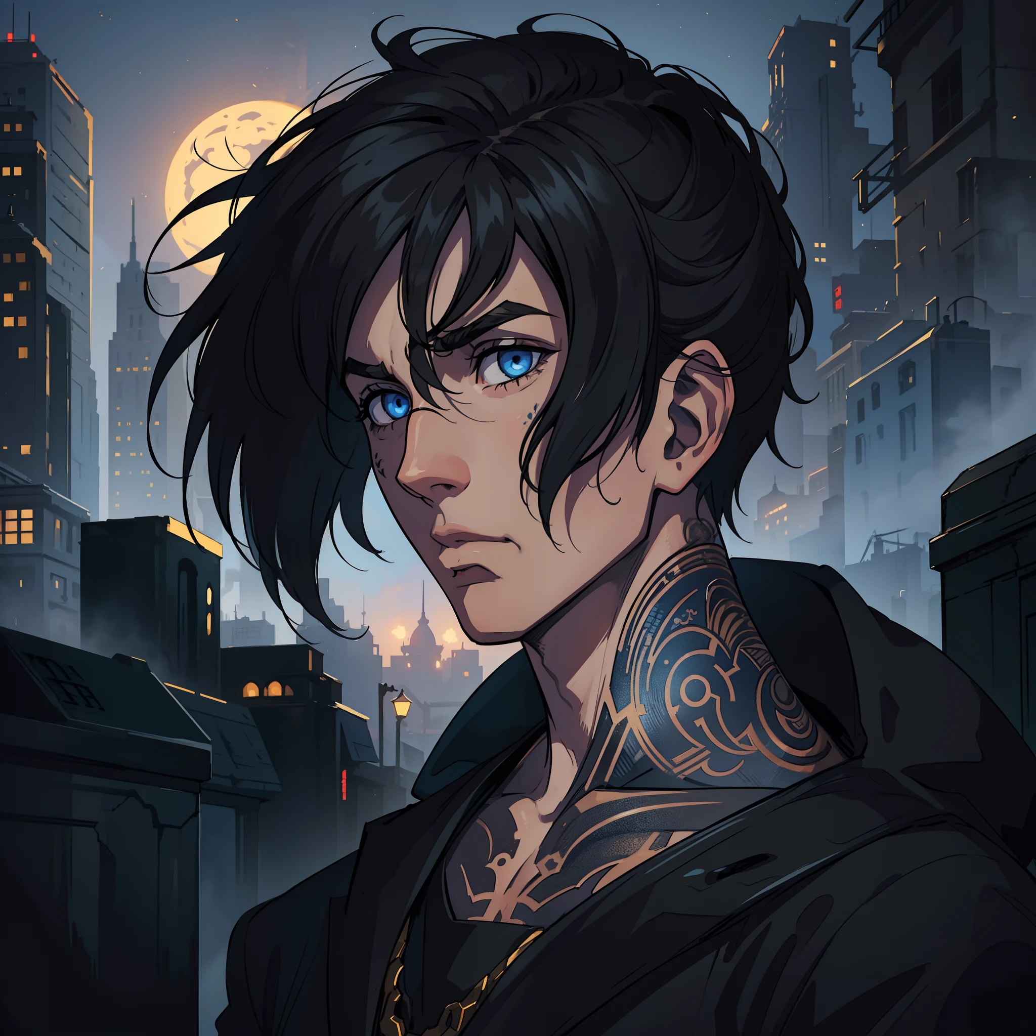 1 Handsome white-skinned man Blue eyes Steampunk tattoos Black hair on the side An art for an RPG A non-human night background of the city ((Very detailed strokes)) ((melhor qualidade))
