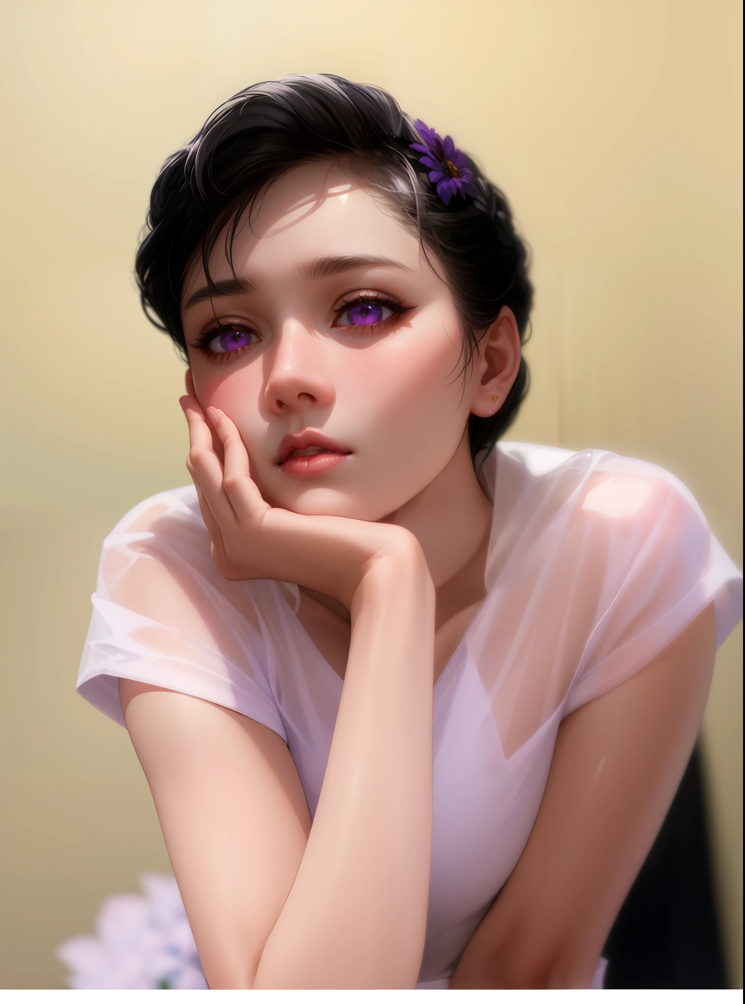 realistic, 1girl, white hair, purple eyes, glowing eyes, crop top, skirt, parted lips, blush, night, flowers, sun, sunlight,