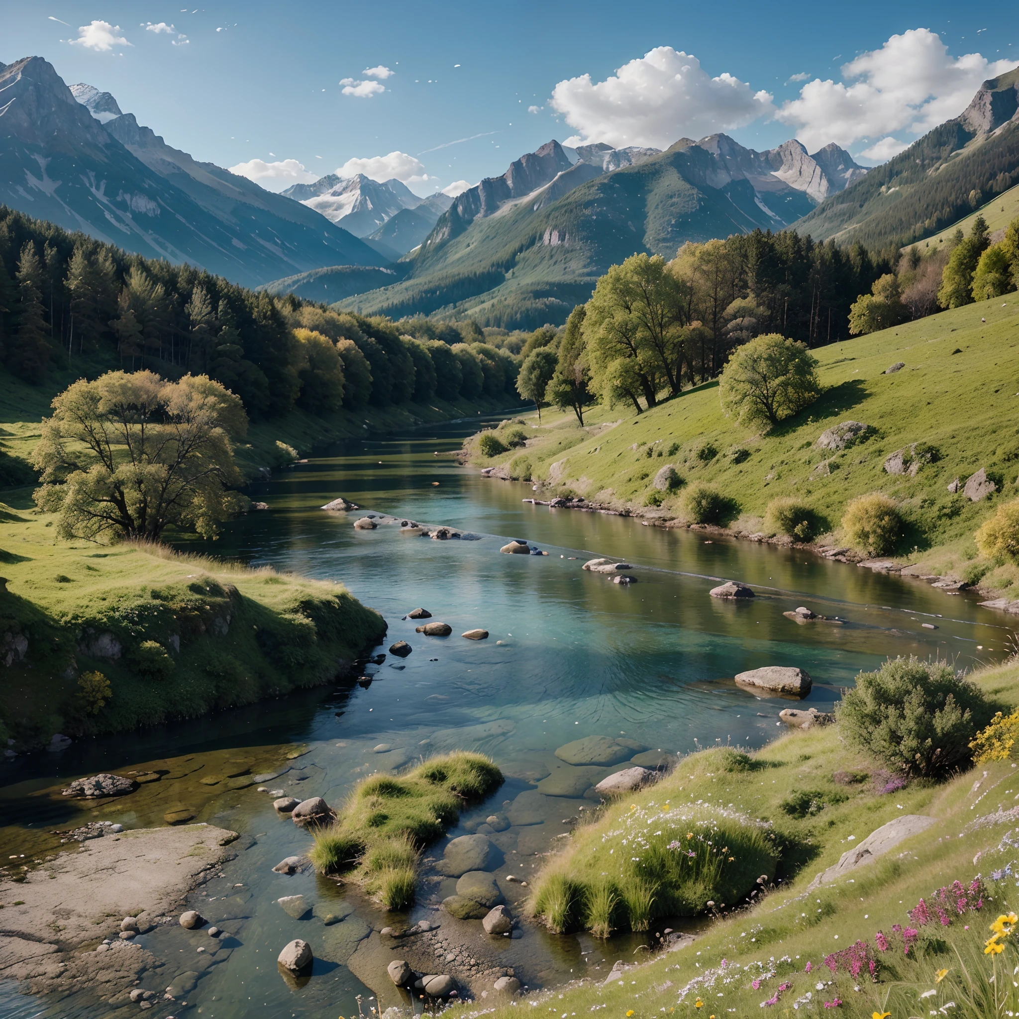 "Generate a stunning and serene natural landscape with vibrant colors, where a crystal-clear river winds its way through a lush, rolling meadow surrounded by majestic mountains. The scene should evoke a sense of tranquility and awe, with the perfect balance of sunlight and shadow. Use your creativity to bring this breathtaking scenery to life through