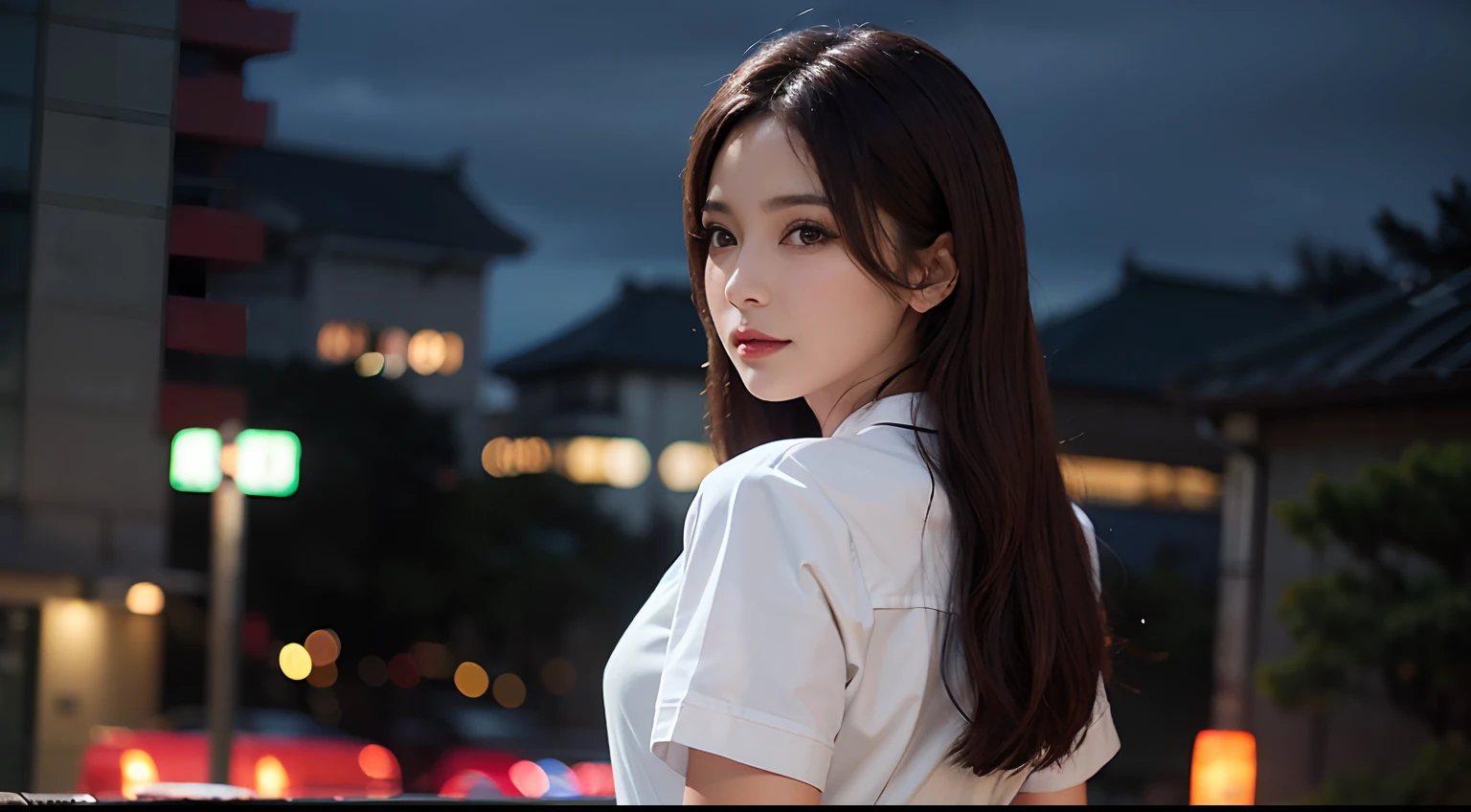 (8K, Raw photo, Best Quality, masutepiece:1.2), (Real, Realistic:1.4), (High Quality 8K Wallpaper), Sharp Focus, depth of fields, Background blur, Bokeh, Film Lighting, Soft light, 29yo, One Woman, Looking back,Looking back， Pretty actress, tokyo prefecture, Night, neons, Authentic portrait, Polo Shirt Long Skirt, Denim skirt, Portrait, reality. Long hair, female idol,  Korean Makeup. (12K Rendering).