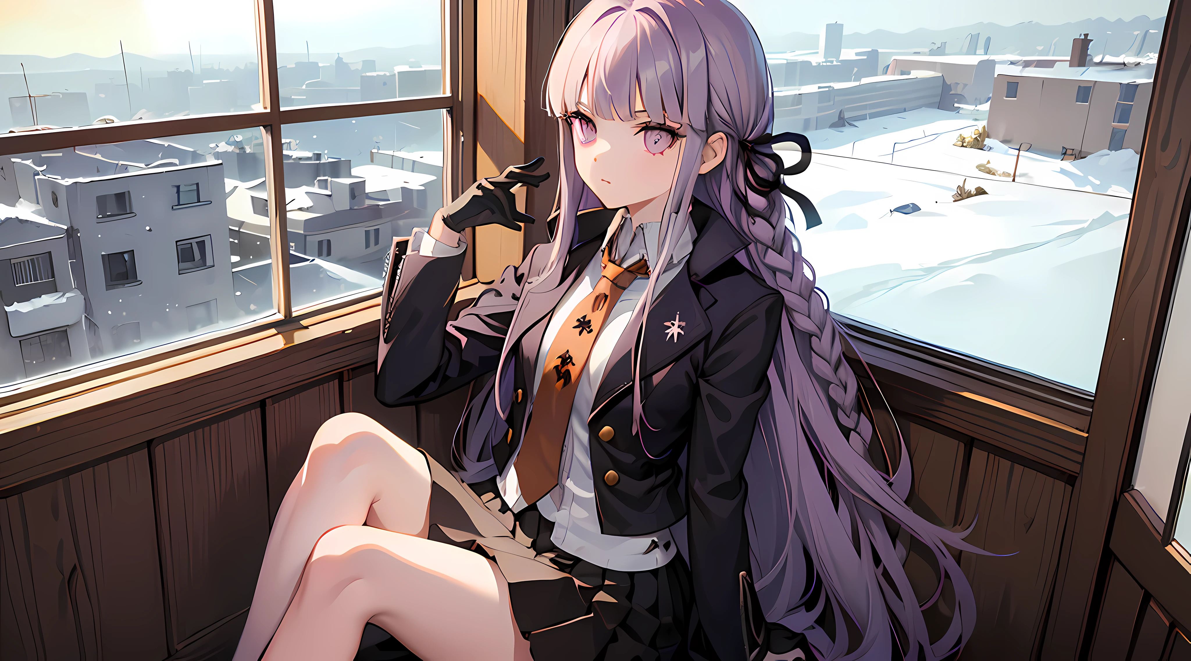 1girl, aakyoko, long hair, purple hair, side braid, blunt bangs, hair ribbon, black ribbon, high collar, brown necktie, black jacket, long sleeves, black gloves, black skirt, pleated skirt, danganronpa \(series\), (sitting by the window),(reading a book), (in a library), (full body)