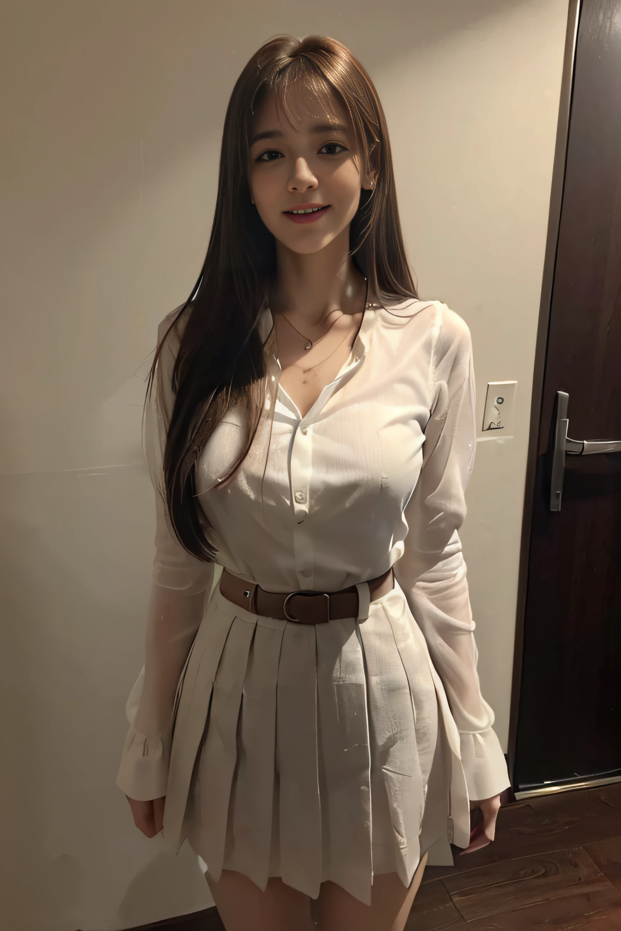((beautiful a girl:1.3))((Neat white shirt dress:1.4))((White belt))((pantyshot:1.3))((In the secretary's office of the company:1.2)),((The hem of the skirt is a pleated skirt:1.3)),((See-through sleeves:1.2)),(((Brown-colored super long hair:1.2))),((Hair long and straight:1.2))((long bangs:1.2))((Hair falls on the nipples)),((Thin_fabric:1.4)) ((Random sexy poses:1.3)) ((is standing)),((full of sweat:1.5))((with a flushed face:1.4)) ((Medium chest same:1.4)) ((close-up:1.2)) Best Quality,masutepiece,超A high resolution,(Photorealistic:1.4),Raw photo,(Authentic skin texture:1.3),(Film grain:1.3),the panorama,Character Portrait,Very Wide Shot,Narrow waist,Cowboy Shot,(In the Dark, deepshadow, lowkey, cold light,) Night,((Gold Necklace)),Streaming Tears,,Dust,Tindall Effect,(expression),1girl in,beautiful detailed eyes and face,White Jabot,Brown eyes,((Brown hair:1.2)) ((Full body:1.3)) ((Smile:1.3))