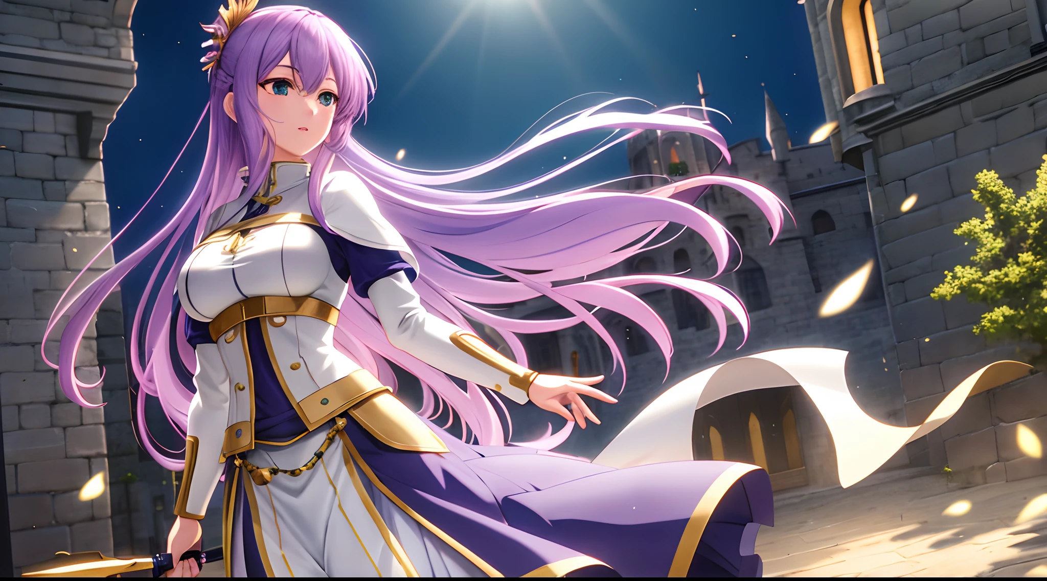Athena with plain long light purple hair,hair between eyes,green eyes,rosy cheeks,full lips,thin eyebrows,slender body,wearing medieval knight armor and full long skirt,cute anime girl,full body,medieval castle street in background,anime style,extremely deep depth of field,Lumen Reflections,Screen Space Reflections,Diffraction Grading,Chromatic Aberration,GB Displacement,Scan Lines,Ray Traced,Anti-Aliasing,FXAA,TXAA,RTX,SSAO,Shaders,OpenGL-Shaders, GLSL-Shaders,Post Processing,Post-Production,cell Shading,Tone Mapping,CGI,VFX,SFX,insanely detailed and intricate, 4K,standing, solo, masterpiece, best quality, detailed face, detailed eyes, highres, standing, solo,masterpiece, best quality