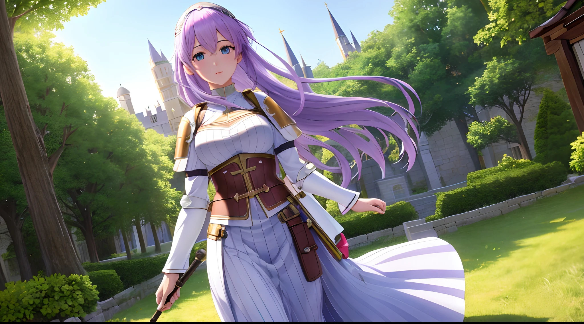 Athena with plain long light purple hair,hair between eyes,green eyes,rosy cheeks,full lips,thin eyebrows,slender body,wearing medieval knight armor and full long skirt,cute anime girl,full body,medieval castle street in background,anime style,extremely deep depth of field,Lumen Reflections,Screen Space Reflections,Diffraction Grading,Chromatic Aberration,GB Displacement,Scan Lines,Ray Traced,Anti-Aliasing,FXAA,TXAA,RTX,SSAO,Shaders,OpenGL-Shaders, GLSL-Shaders,Post Processing,Post-Production,cell Shading,Tone Mapping,CGI,VFX,SFX,insanely detailed and intricate, 4K,standing, solo, masterpiece, best quality, detailed face, detailed eyes, highres, standing, solo,masterpiece, best quality