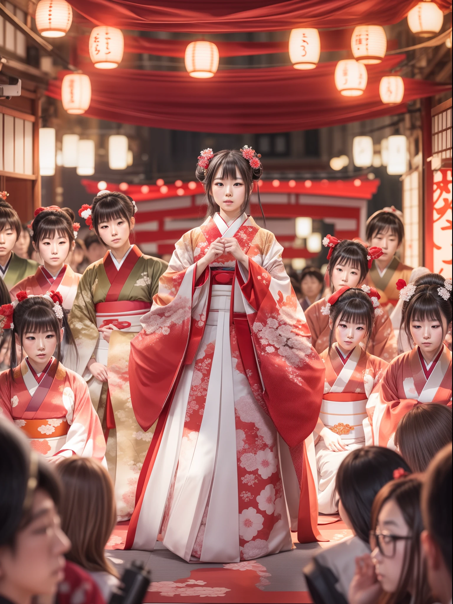 japanese girl wearing a traditional kimono red and white, appear in fashion show stage, surrounded by crowded people, soft lights, blurred background, best quality, masterpiece, 8K detailed resolution