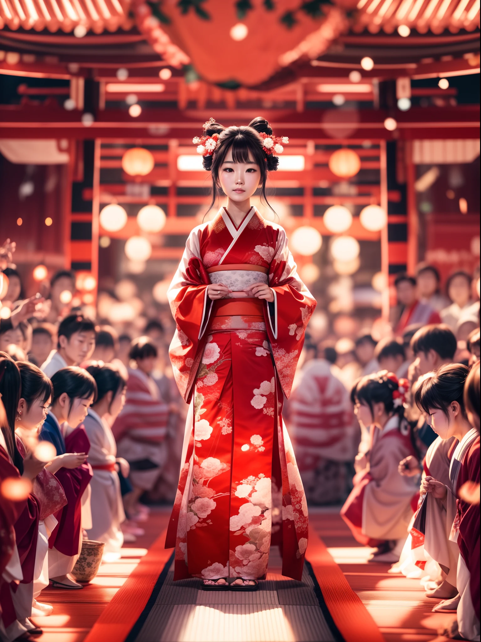 japanese girl wearing a traditional kimono red and white, appear in fashion show stage, surrounded by crowded people, soft lights, blurred background, best quality, masterpiece, 8K detailed resolution