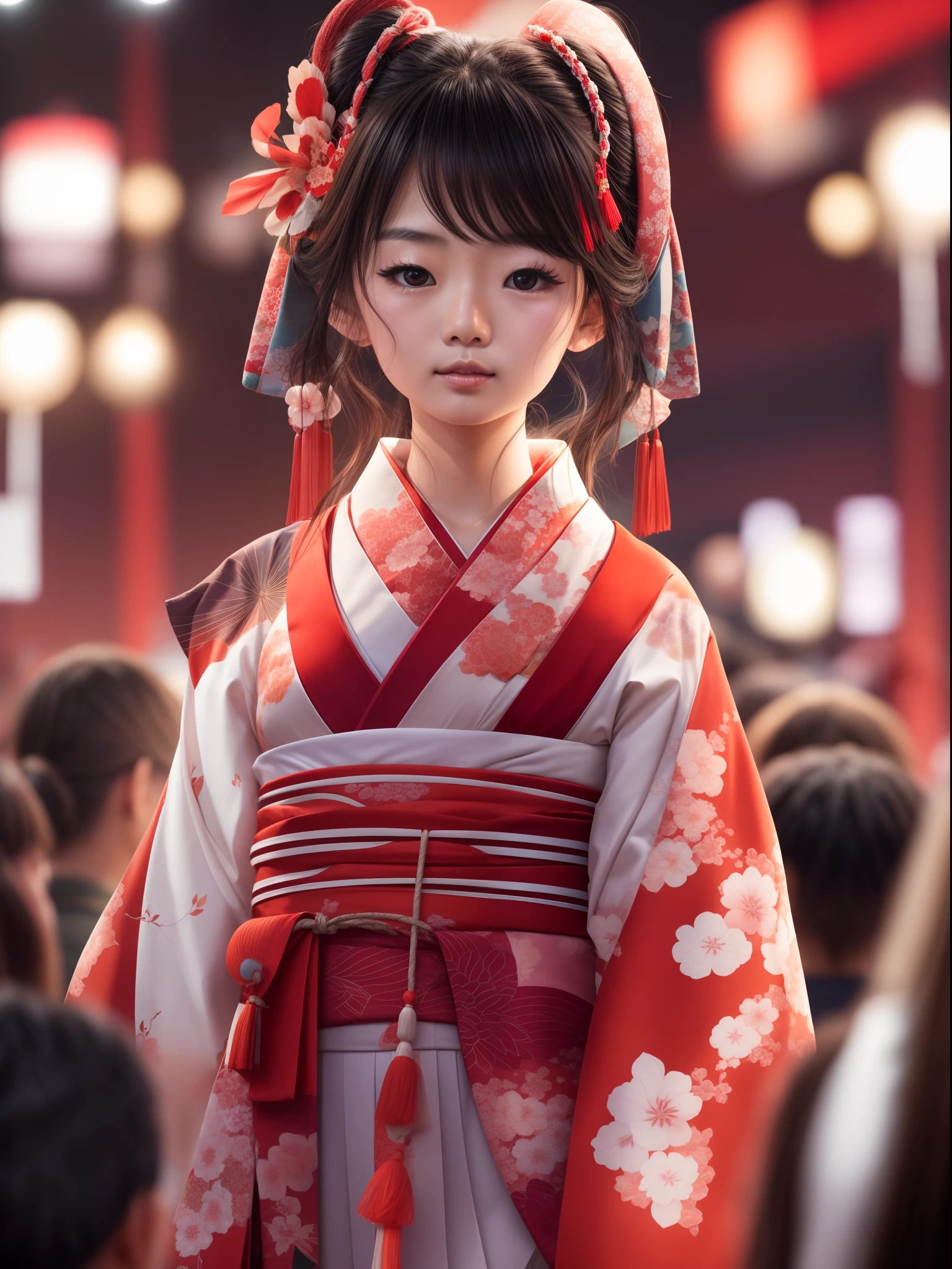 japanese girl wearing a traditional kimono red and white, appear on stage, surrounded by people at fashion show, soft lights, blurred background, best quality, masterpiece, 8K detailed resolution