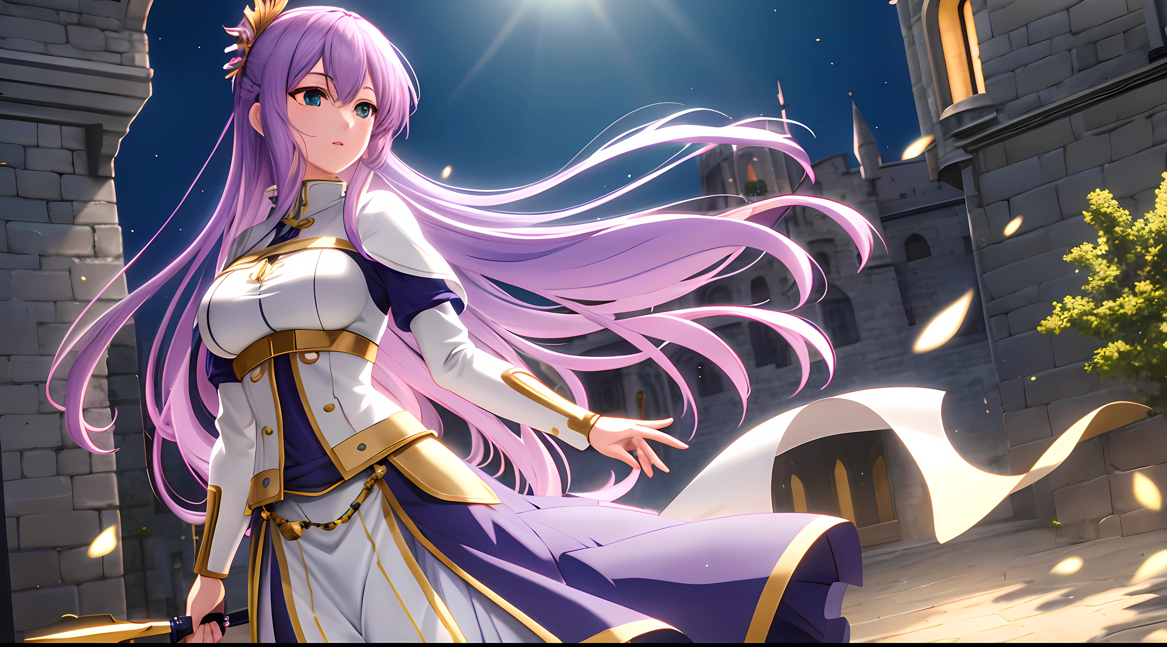 Athena with plain long light purple hair,hair between eyes,green eyes,rosy cheeks,full lips,thin eyebrows,slender body,wearing medieval knight armor and full long skirt,cute anime girl,full body,medieval castle street in background,anime style,extremely deep depth of field,Lumen Reflections,Screen Space Reflections,Diffraction Grading,Chromatic Aberration,GB Displacement,Scan Lines,Ray Traced,Anti-Aliasing,FXAA,TXAA,RTX,SSAO,Shaders,OpenGL-Shaders, GLSL-Shaders,Post Processing,Post-Production,cell Shading,Tone Mapping,CGI,VFX,SFX,insanely detailed and intricate, 4K,standing, solo, masterpiece, best quality, detailed face, detailed eyes, highres, standing, solo,masterpiece, best quality