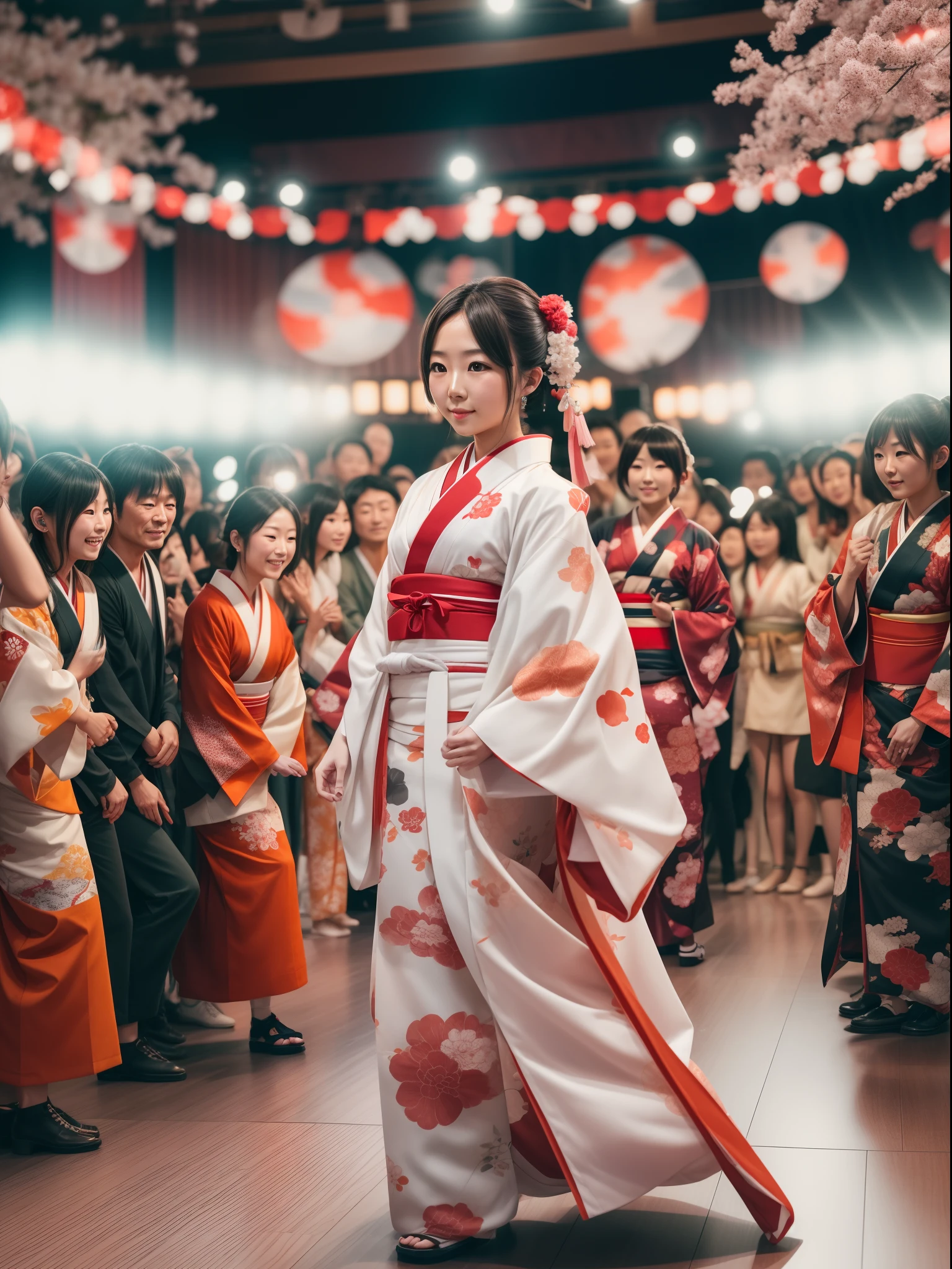 japanese girl wearing a traditional kimono red and white, appear on stage, surrounded by people at fashion show, soft lights, blurred background, best quality, masterpiece, 8K detailed resolution