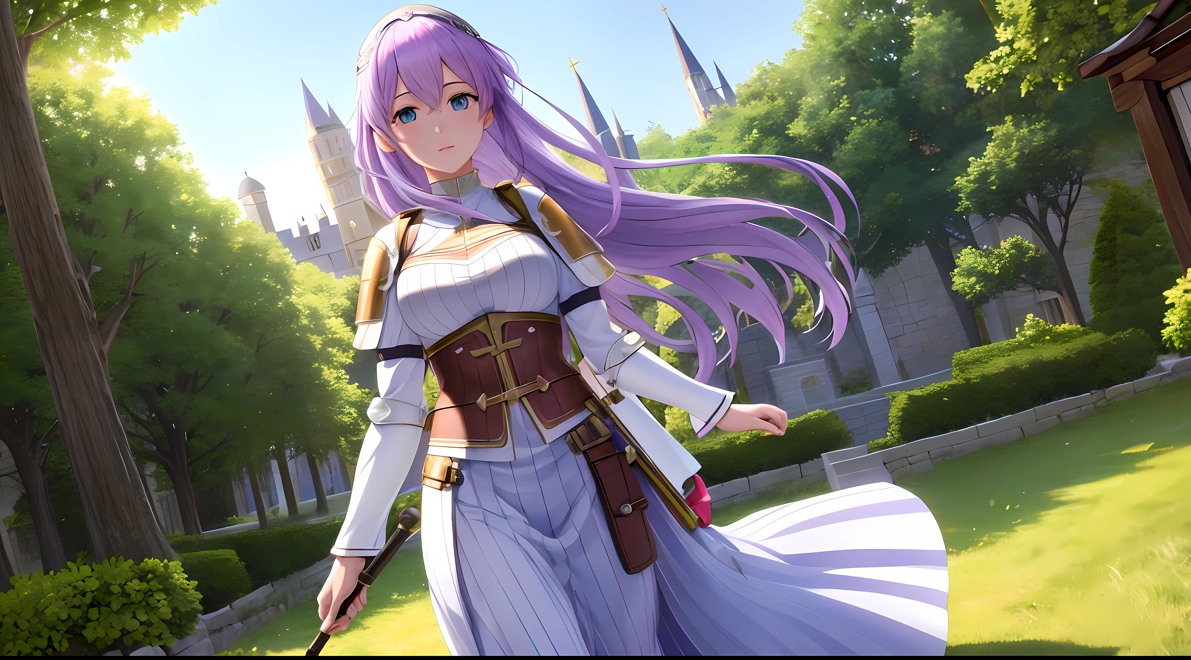 Athena with plain long light purple hair,hair between eyes,green eyes,rosy cheeks,full lips,thin eyebrows,slender body,wearing medieval knight armor and full long skirt,cute anime girl,full body,medieval castle street in background,anime style,extremely deep depth of field,Lumen Reflections,Screen Space Reflections,Diffraction Grading,Chromatic Aberration,GB Displacement,Scan Lines,Ray Traced,Anti-Aliasing,FXAA,TXAA,RTX,SSAO,Shaders,OpenGL-Shaders, GLSL-Shaders,Post Processing,Post-Production,cell Shading,Tone Mapping,CGI,VFX,SFX,insanely detailed and intricate, 4K,standing, solo, masterpiece, best quality, detailed face, detailed eyes, highres, standing, solo,masterpiece, best quality