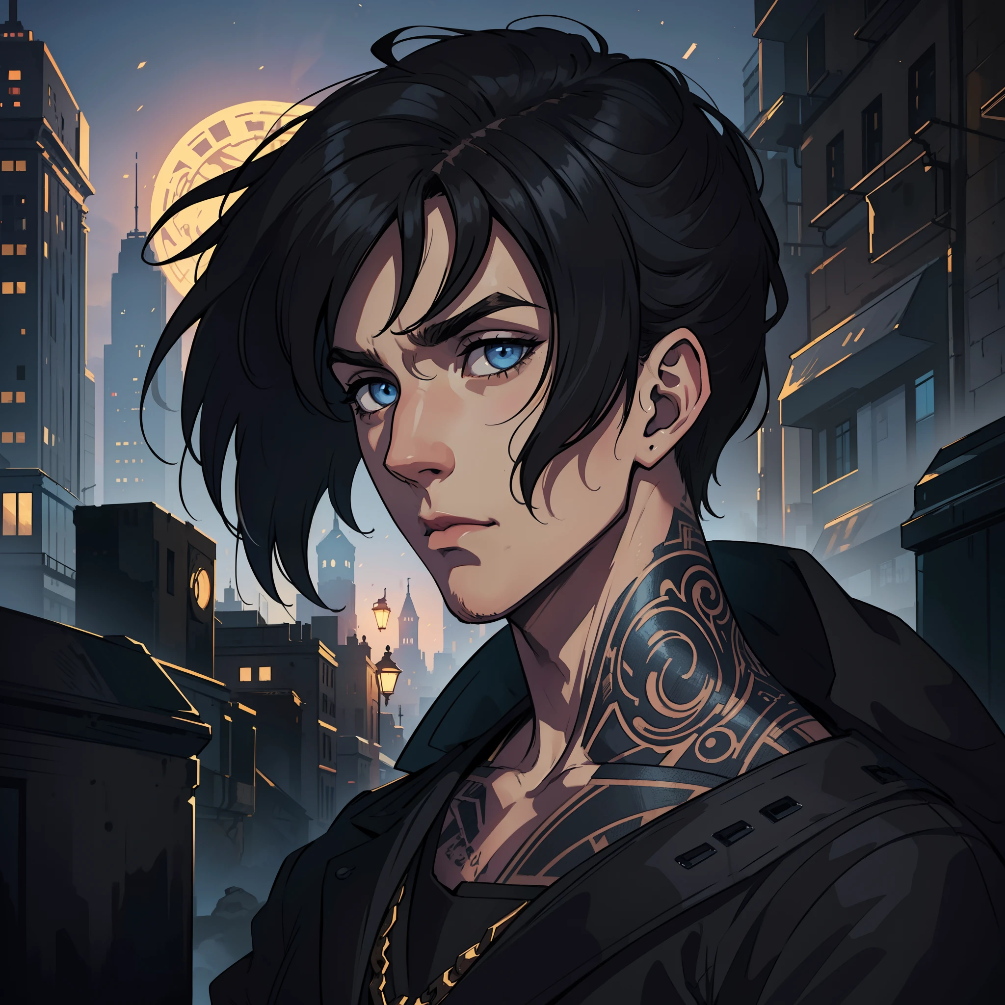 1 Handsome white-skinned man Blue eyes Steampunk tattoos Black hair on the side An art for an RPG A non-human night background of the city ((Very detailed strokes)) ((melhor qualidade))