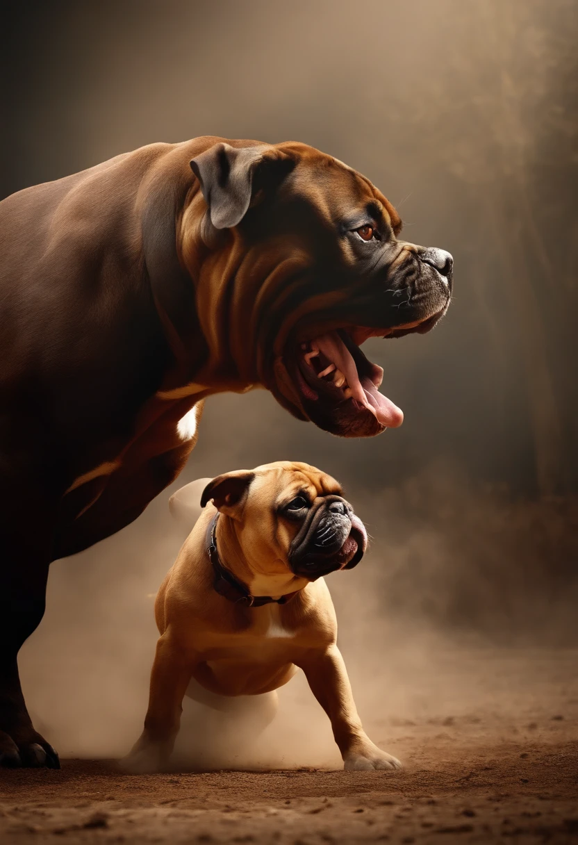 a bull dog fighting with lione ,make background best