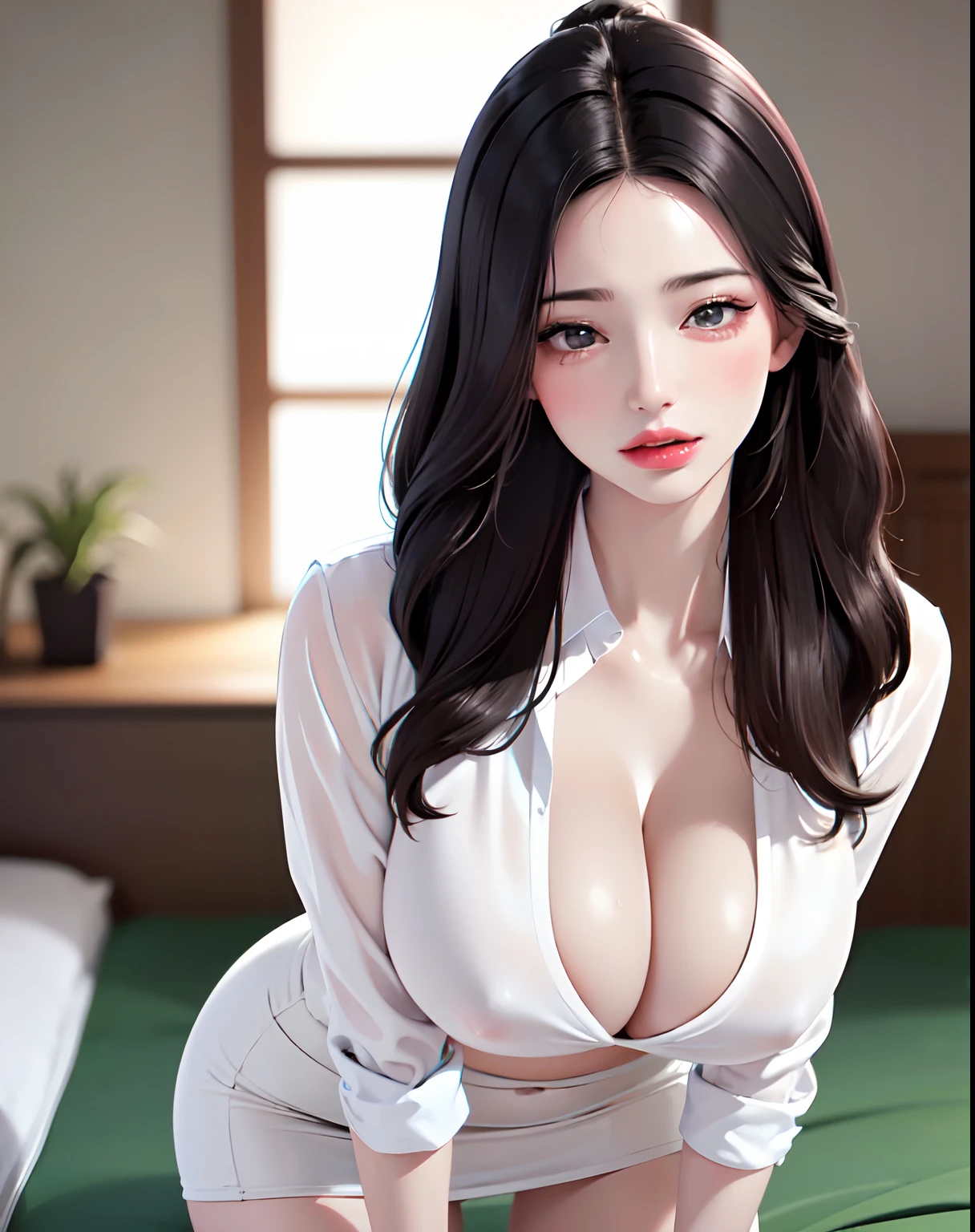 photographrealistic, (8K, Raw photo, Best Quality, masutepiece:1.2), high-definition RAW color photography, professional photograpy, Cowboy Shot, (Realistic, photographrealistic:1.37),Cinematic Light, (finery detailed face:1.2), Cowboy Shot, Girl with one thigh in bath, 28〜38 years, Very cute, Very beautiful, ((milf, sweat,steam, Lower grade, make up)), photographrealistic, Event Companion, BREAK, White oily skin, Real Human Skin, (Detailed face), oval-face, pores, Round eyes:1.0, 超A high resolution, BREAK, slim, (medium - large chest,:1.37, cleavage:1.37), (Calm down and look straight at the viewer, goddess-like happiness:1.2), (Lifter Gloss, Eyelashes, gloss-face, Best Quality, 超A high resolution, Broad lighting, Natural Shading), (beautiful thin short hair, Wavy ponytail hairstyles:1.5, glossy dark hair:1.5), BREAK, (esthetician uniform:1.3, White shirt;1.3, Open Shirt:1.3, Ken Length Pencil Skirt:1.3), BREAK, ((Detailed bedroom view:1.3, on the beds:1.3, Night room:1.5)), ((lightsmile, Open mouth:1.5, a sultry, in heat, blush, Seductive emotions, agitation)), ((From below:1.3, all-fours:1.3, Kneeling:1.3, Hands between legs, Leaning forward)), Blurry background, Bokeh, depth of fields, Cowboy Shot:1.3, Centered image,