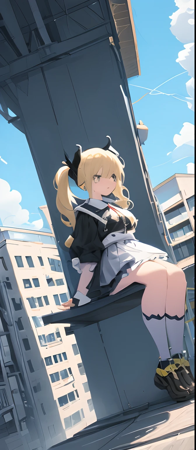 (obra maestra, mejor calidad), desde arriba, 1girl, blonde, solo, (alas emplumadas: 1.2), valla publicitaria, ojos azul, cabello pigtails rubio, edificio, ciudad, cielo nublado, abrigo, botas, crane \ (machine \), dutch angle, desde un lado, light frown, mirando al espectador, al aire libre, azotea, cielo, rascacielos