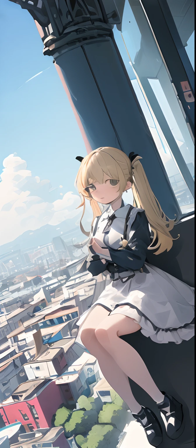 (obra maestra, mejor calidad), desde arriba, 1girl, blonde, solo, (alas emplumadas: 1.2), valla publicitaria, ojos azul, cabello pigtails rubio, edificio, ciudad, cielo nublado, abrigo, botas, crane \ (machine \), dutch angle, desde un lado, light frown, mirando al espectador, al aire libre, azotea, cielo, rascacielos