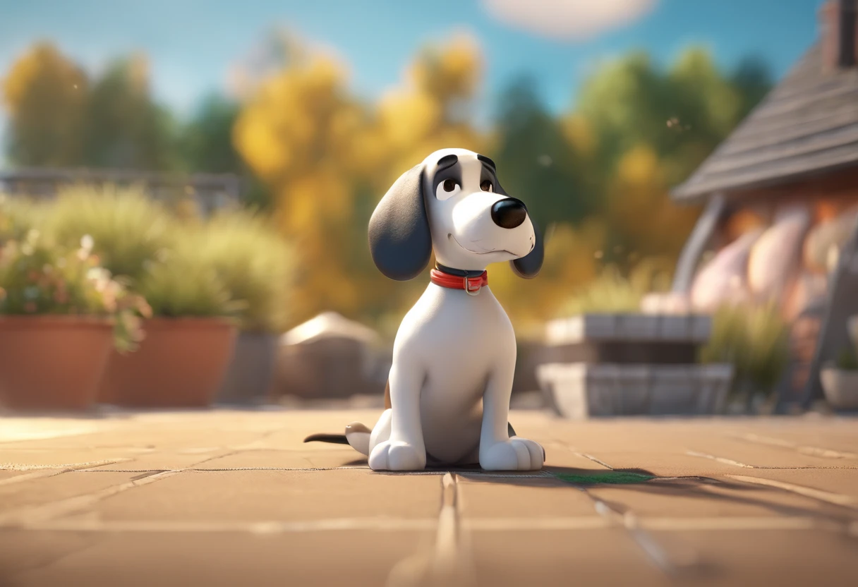 Snoopy style: a female dog, black, white and brown. Beagle, playing with a hose in his mouth, with a happy face. Sunny day. Snoopy style cartoon drawn by Charles M Schultz. Dog with her face all in brown. her back is black with paws in white