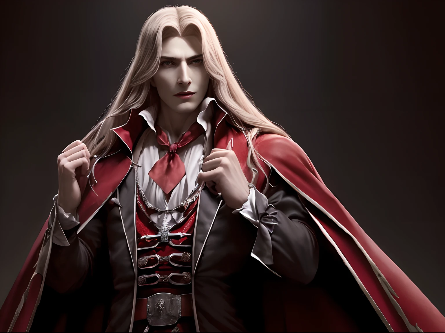 (((dracula)))8k,((from Castlevania)((elegante))(((red cape)))caliente, hermoso,((alucard)),(((viste ropa ajustada )))((tiene una espada)))8k, hiperrealista todo como un motor irreal trazado de rayos render ((estilo humano hiperealista)),(((Empty dark background))). hiperrealista todo como un motor irreal trazado de rayos render estilo humano realista ,(((Empty dark background)))., Suavemente iluminado, Intimo exquisito detalle, foco nítido, intrincadamente detallado, rewarded photography, small-catchlight, bajo contraste, alta nitidez, facial-symmetry, profundidad de campo, cinematic background, Renderizado del motor irreal, Imagen central, dream-like, Suavemente iluminado, intimo, imagen de cuerpo completo ,cuerpo completo, hdri