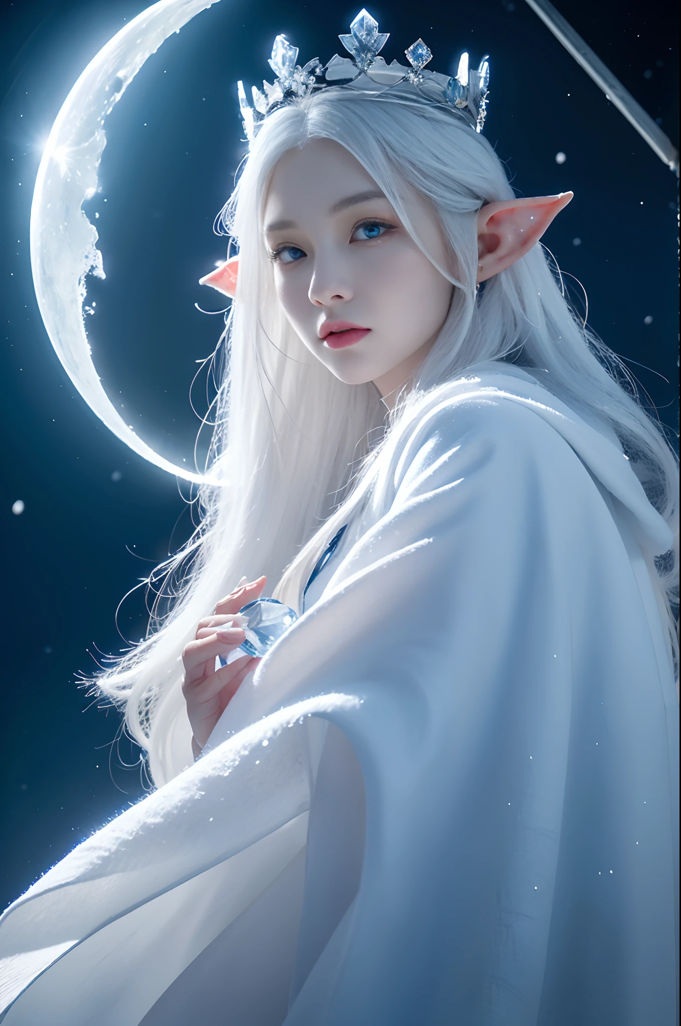 (( Elf girl with long white hair, blue eyes, good shape, long white dress, cape, ice crown, ice earrings )), full body image, Look at the camera., Front camera angle: Wild, Cold Weather, snow, snowfall, Snow droplets, Snow in the air, cinematic scene, Magic, Snow Magic, fantasy, mythology, decoration, diffused lighting, moon light, moon, (Ice magic on hand ), ( Release the ice from your hands. ), ( Ice Power ), (Unleash the power ), ( Ice aura around you ), ( All-around power aura ), ( Ice effect on the body ),