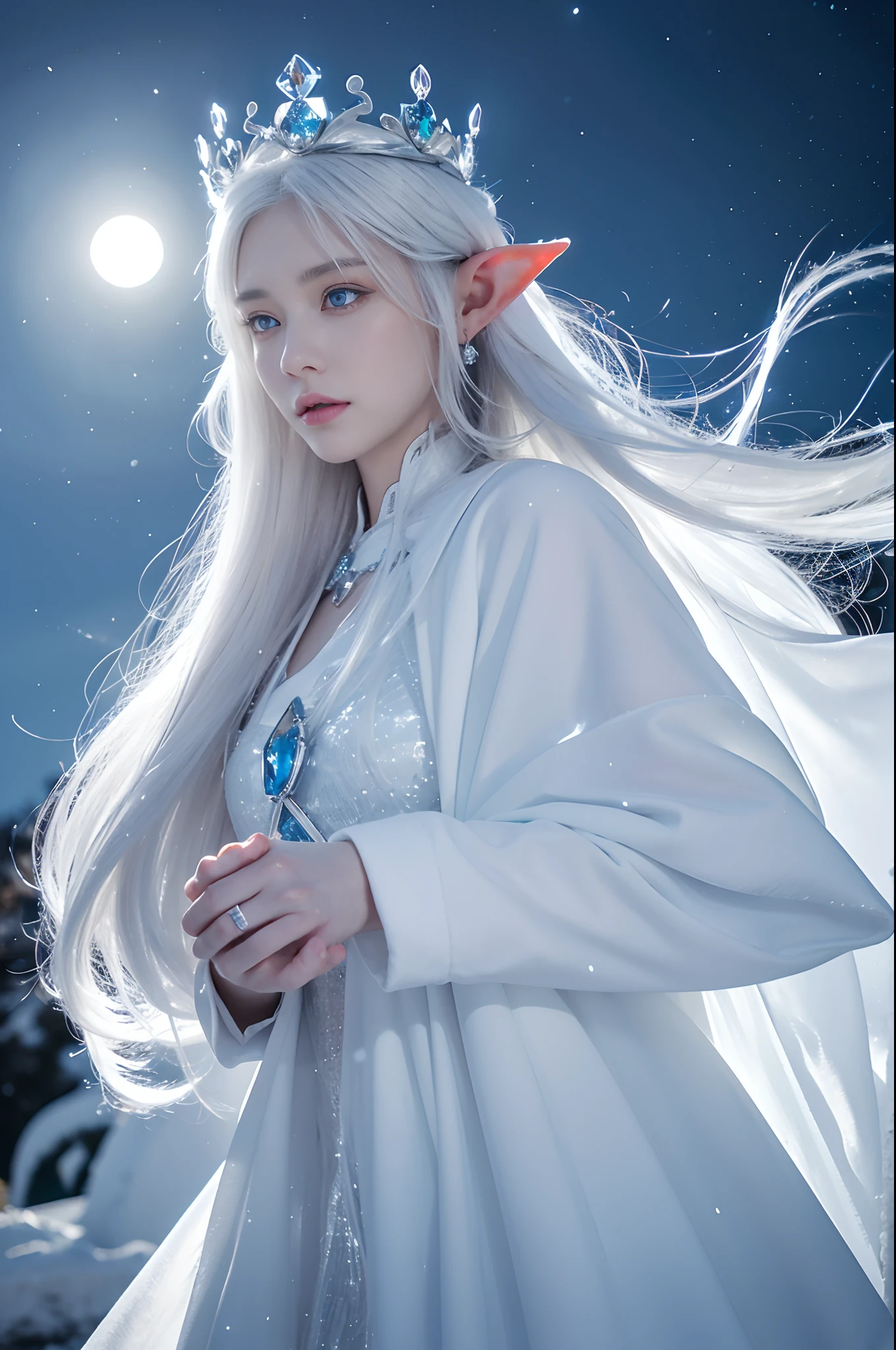 (( Elf girl with long white hair, blue eyes, good shape, long white dress, cape, ice crown, ice earrings )), full body image, Look at the camera., Front camera angle: Wild, Cold Weather, snow, snowfall, Snow droplets, Snow in the air, cinematic scene, Magic, Snow Magic, fantasy, mythology, decoration, diffused lighting, moon light, moon, (Ice magic on hand ), ( Release the ice from your hands. ), ( Ice Power ), (Unleash the power ), ( Ice aura around you ), ( All-around power aura ), ( Ice effect on the body ),