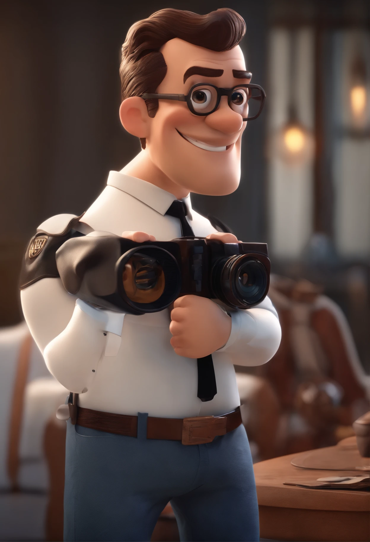 Personagem dosenhos animados de um homem careca, with humorous glasses, unselfish, Wear a white shirt and dark jeans, segura uma caneta em um ambiente de tecnologia, animation character, animation style rendering, 3D estilizado, Arnold Maya render, 3 d render stylized, toon render keyshot, Personagem 3D, Personagem 3D, 3d rendering stylized, 3 d character render, personagem de desenho animado, Personagem de close up, Pose de personagem, (Estilo Pixar) (master part:1.2) (Bokeh) (best quality) (pele detalhada) (textura detalhada) (8k) (argila) (Cinematic lighting) (foco nítido