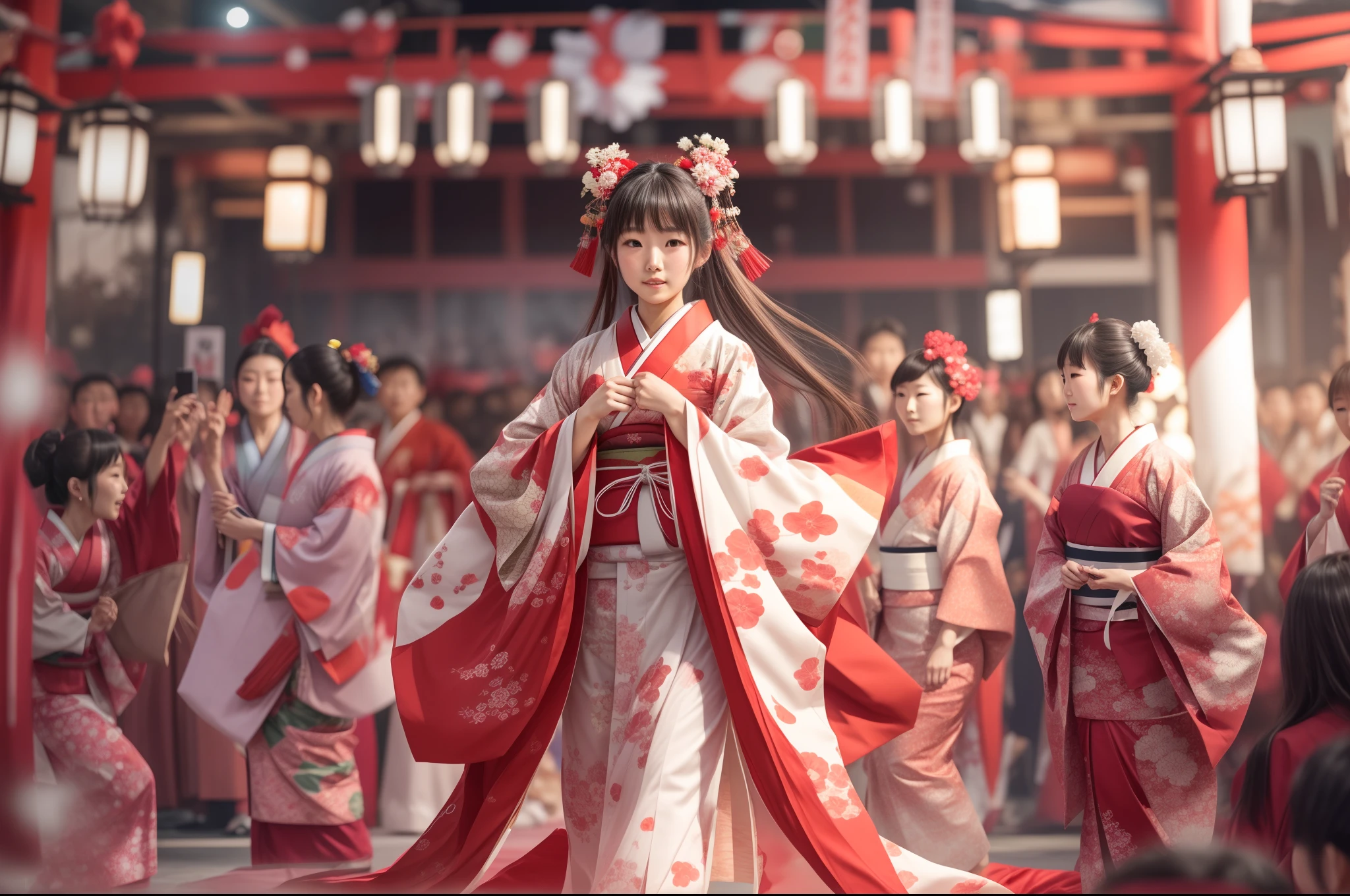 japanese girl wearing a traditional kimono red and white, appear in fashion show stage, surrounded by crowded people, soft lights, blurred background, best quality, masterpiece, 8K detailed resolution